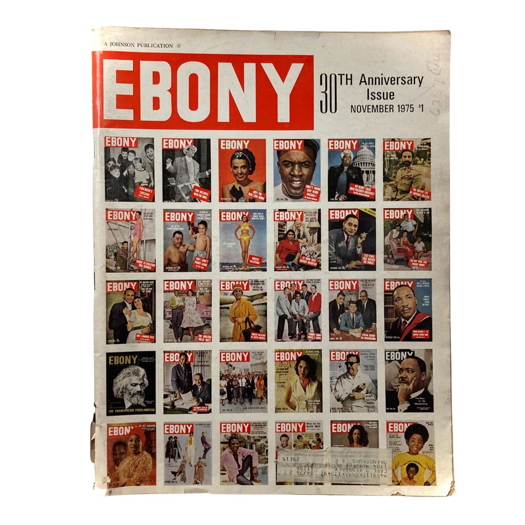 Ebony Magazine November 1975 30th Anniversary Issue cover featuring a collage of various past issues, celebrating achievements in African American culture.