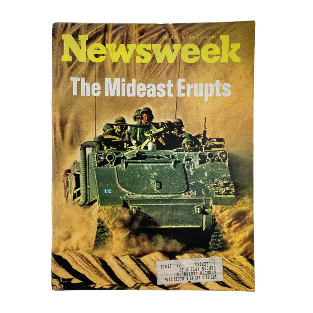 Cover of vintage Newsweek magazine from October 15, 1973, titled 'The Mideast Erupts', featuring a military vehicle and soldiers, reflecting the events of the Yom Kippur War.