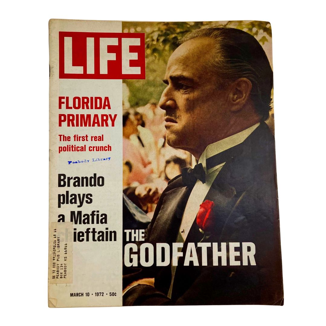 Cover of VTG Life Magazine March 10 1972 featuring Marlon Brando as Don Vito Corleone from The Godfather, depicting a vintage look at iconic cinema.