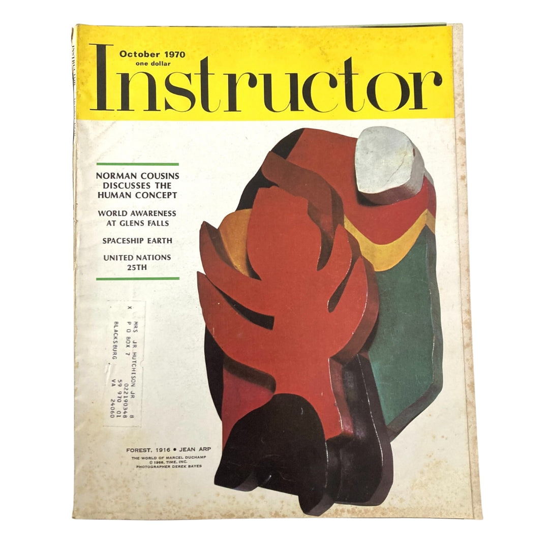 Cover of the VTG Instructor Magazine from October 1970 titled 'Instructor'. This issue features an article by Norman Cousins discussing the human concept, with a colorful abstract design and text highlighting global awareness and the United Nations.