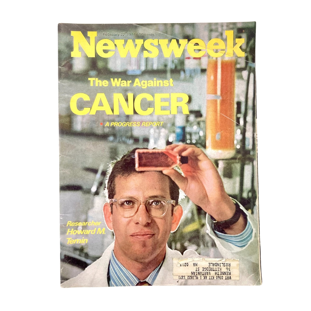 VTG Newsweek Magazine February 22 1971 featuring Howard M. Temin on the cover, highlighting the war against cancer with a laboratory background.