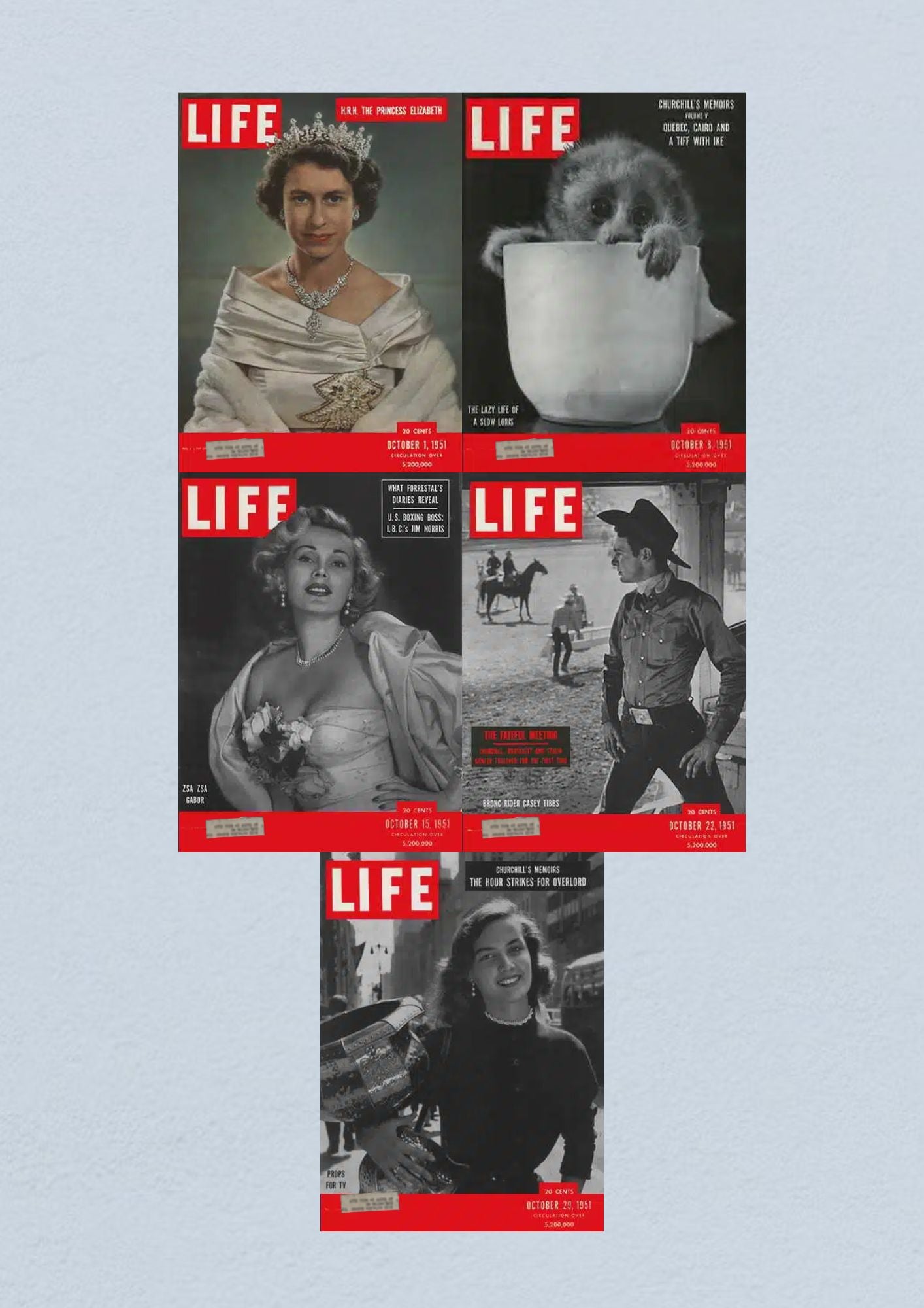 Life Magazine Lot of 5 Full Month October 1951 featuring covers from October 1 to October 29, showcasing Princess Elizabeth, a Slow Loris, Zsa Zsa Gabor, Bronc Rider Casey Tibbs, and a Television Prop Girl.