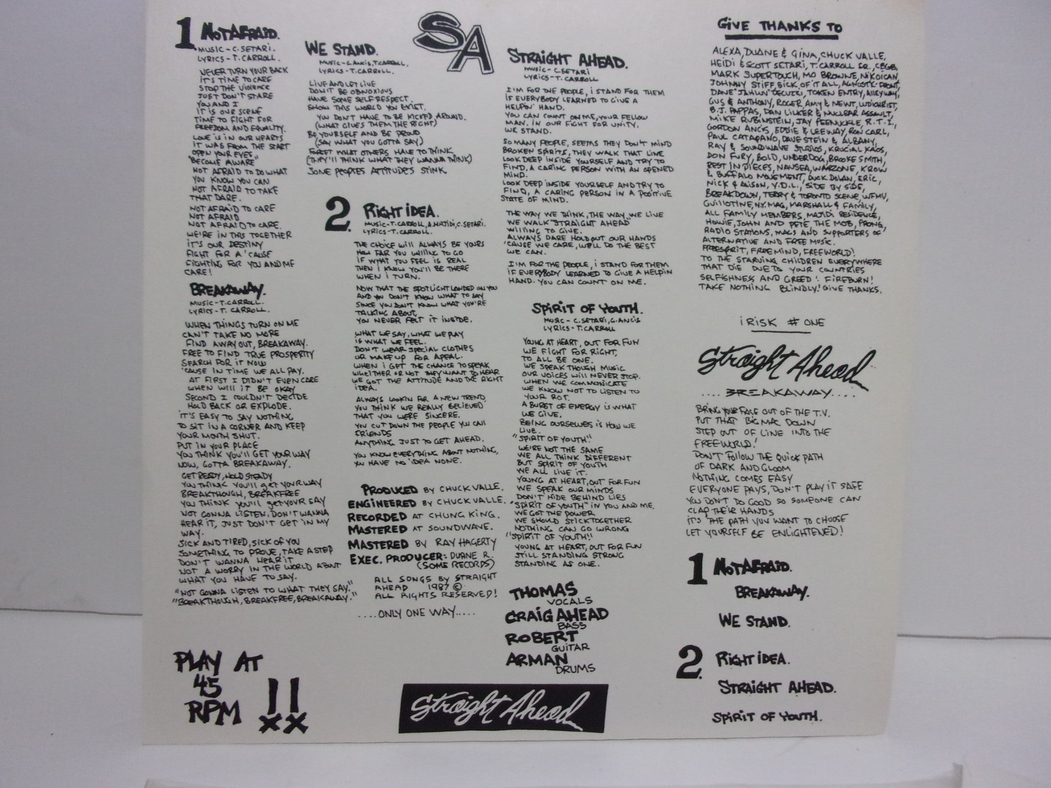 Back cover of Straight Ahead: Spirit Of Youth EP featuring lyrics, credits, and additional information about the music.