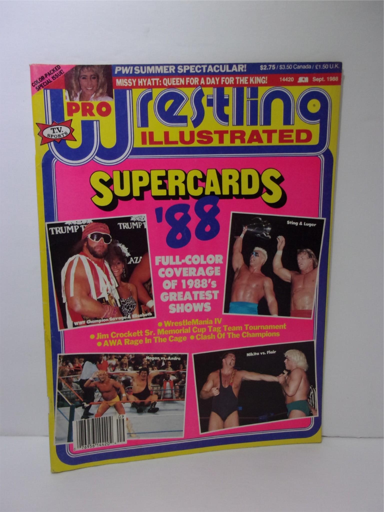Close-up view of the Pro Wrestling Illustrated September 1988 magazine cover, showcasing the logo and additional promotional text about the content inside, including full-color coverage of the year's greatest wrestling shows.