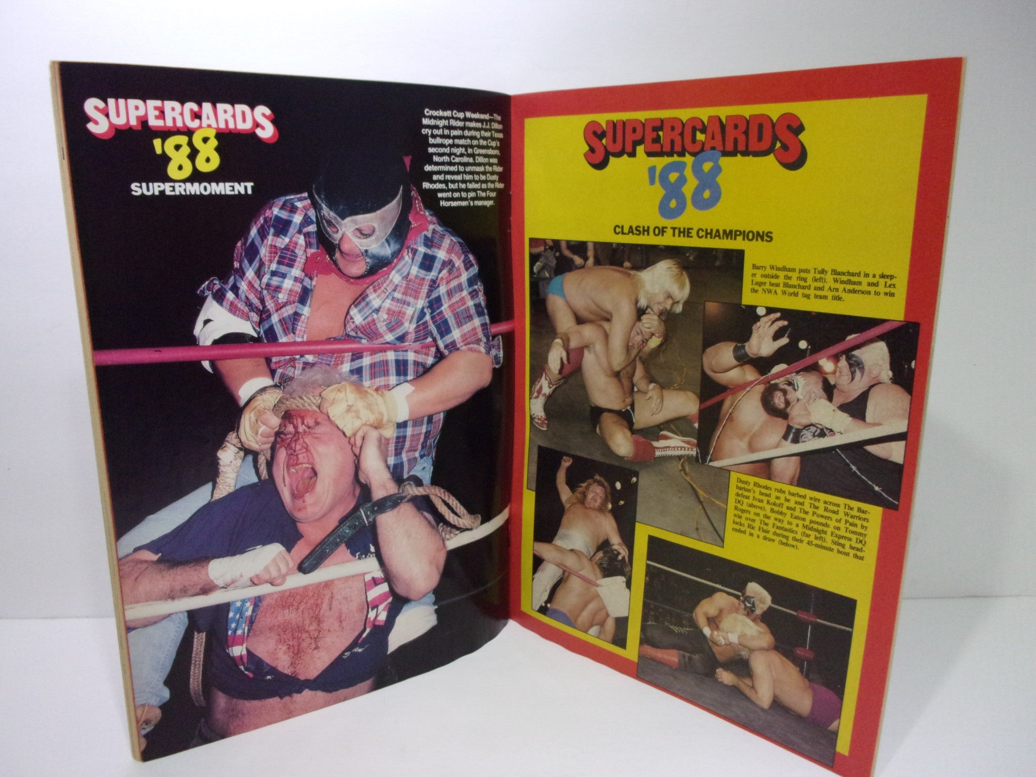Pro Wrestling Illustrated September 1988 magazine spread showcasing 'Supercards '88', featuring intense wrestling action from the event. The layout includes images of wrestlers clashing in dramatic poses, highlighting the excitement of professional wrestling in the late 1980s.