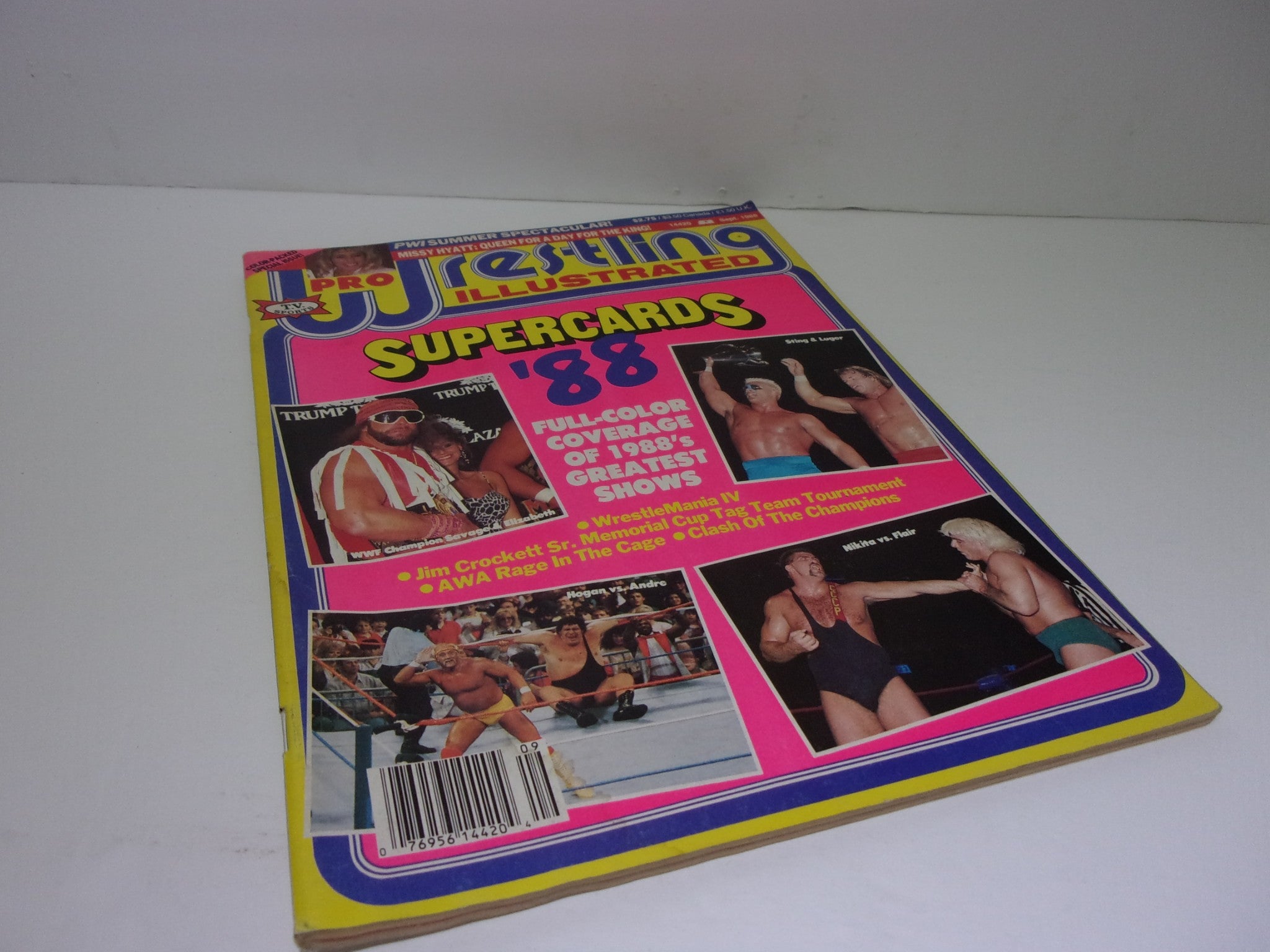 Pro Wrestling Illustrated September 1988 magazine cover featuring Hulk Hogan, Andre the Giant, Sting, and Lex Luger. Captures the vibrant graphics and highlights of wrestling supercards for the year 1988.