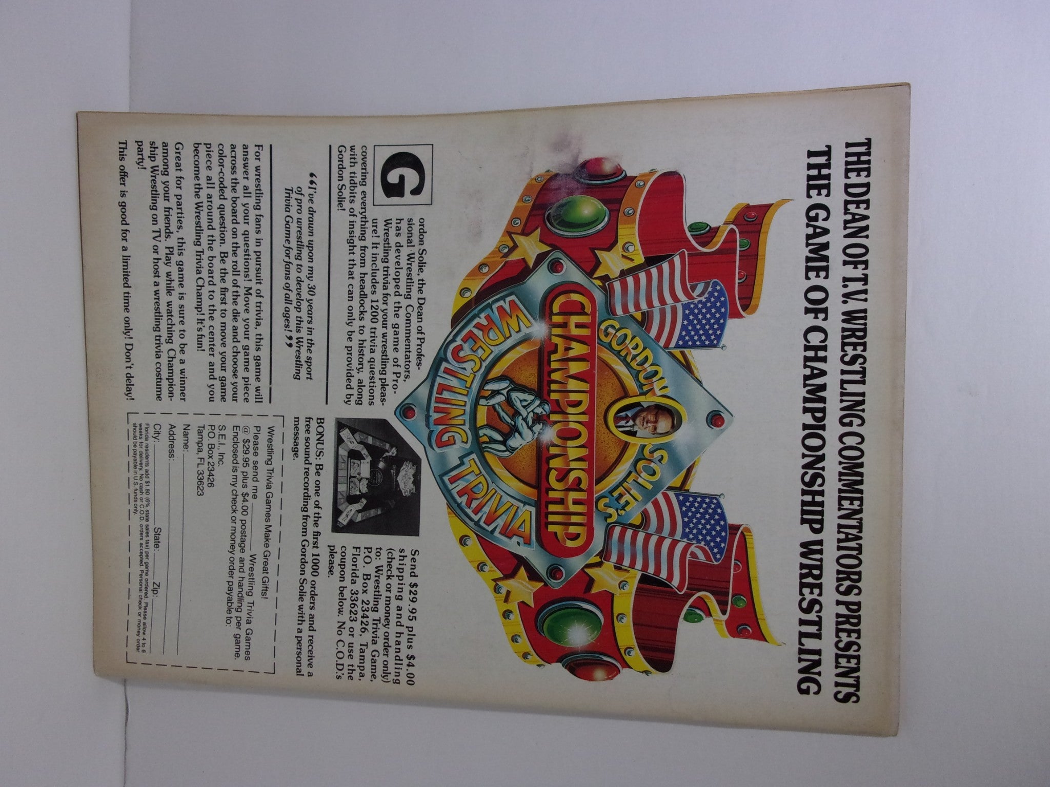 Back cover of Pro Wrestling Illustrated May 1988 Andre the Giant Magazine, showcasing a wrestling trivia game advertisement.