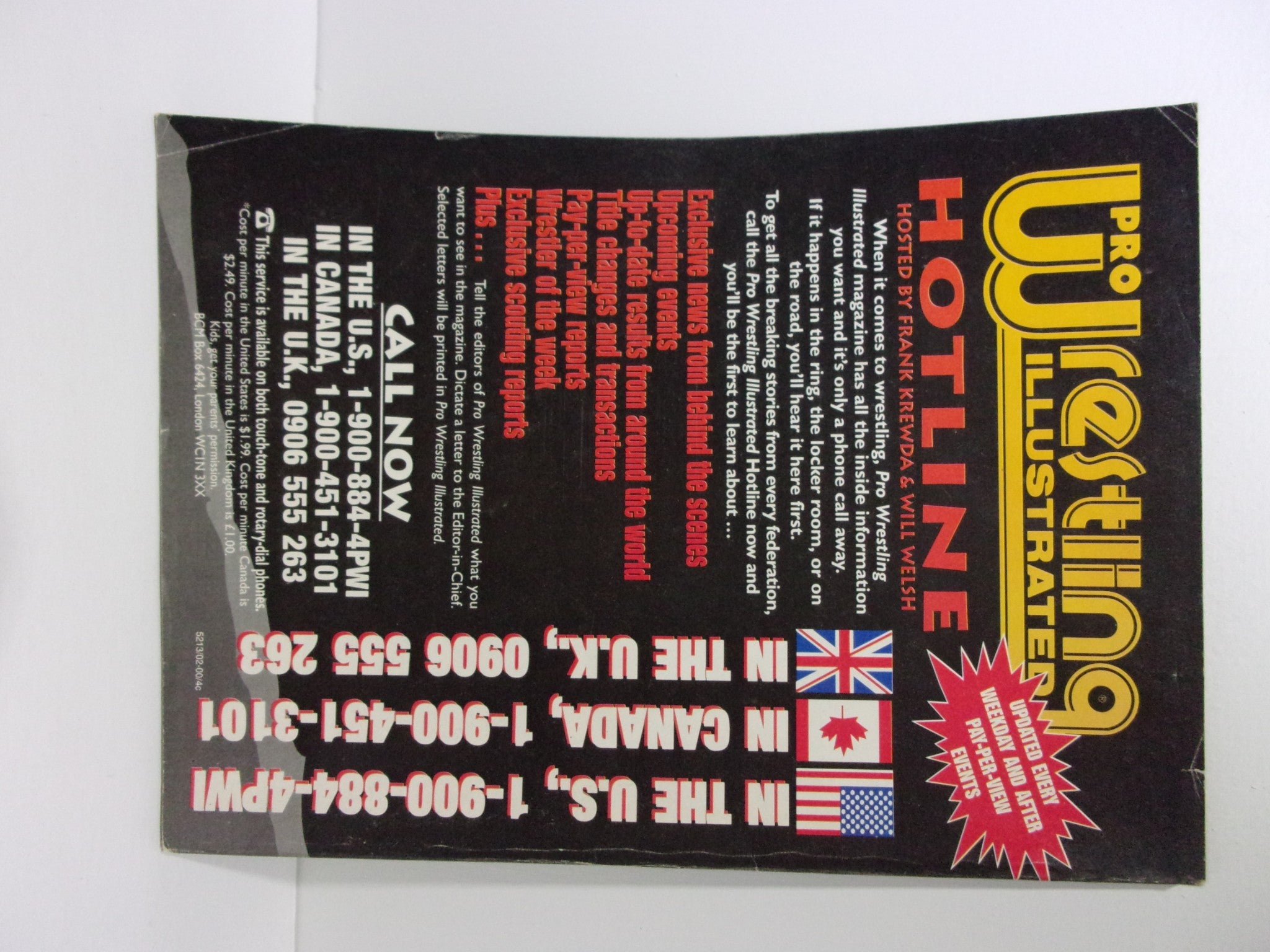 Back cover of Pro Wrestling Illustrated: The Greats of the Game with hotline details, summer 2000 issue.