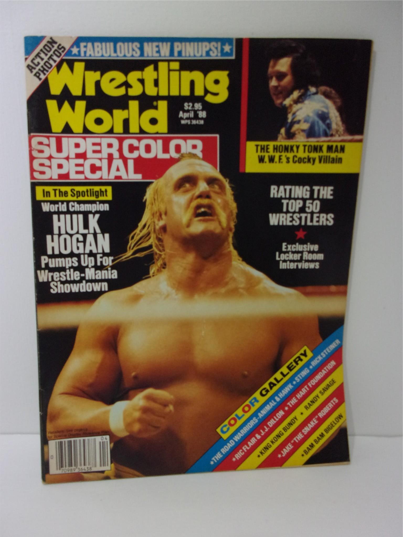 Cover of Wrestling World Magazine: April 1988 featuring Hulk Hogan preparing for the WrestleMania showdown. The magazine includes promotional text about wrestling events and interviews, showcasing the excitement and drama of 1980s professional wrestling.