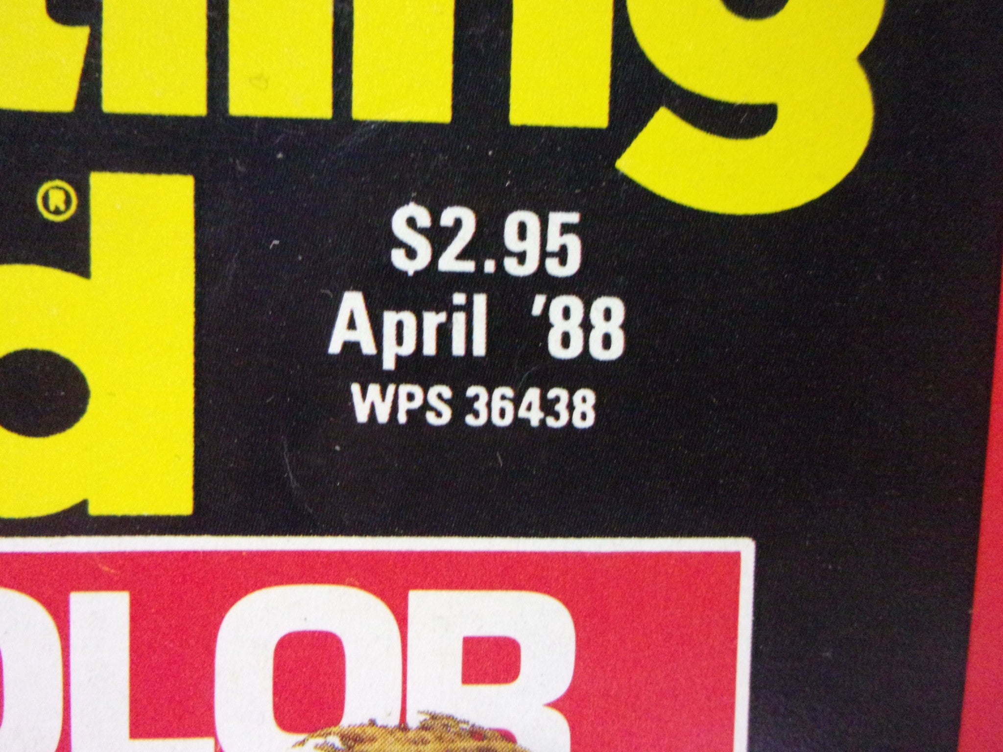 Close-up of the price tag and publication date from Wrestling World Magazine: April 1988, featuring Hulk Hogan.