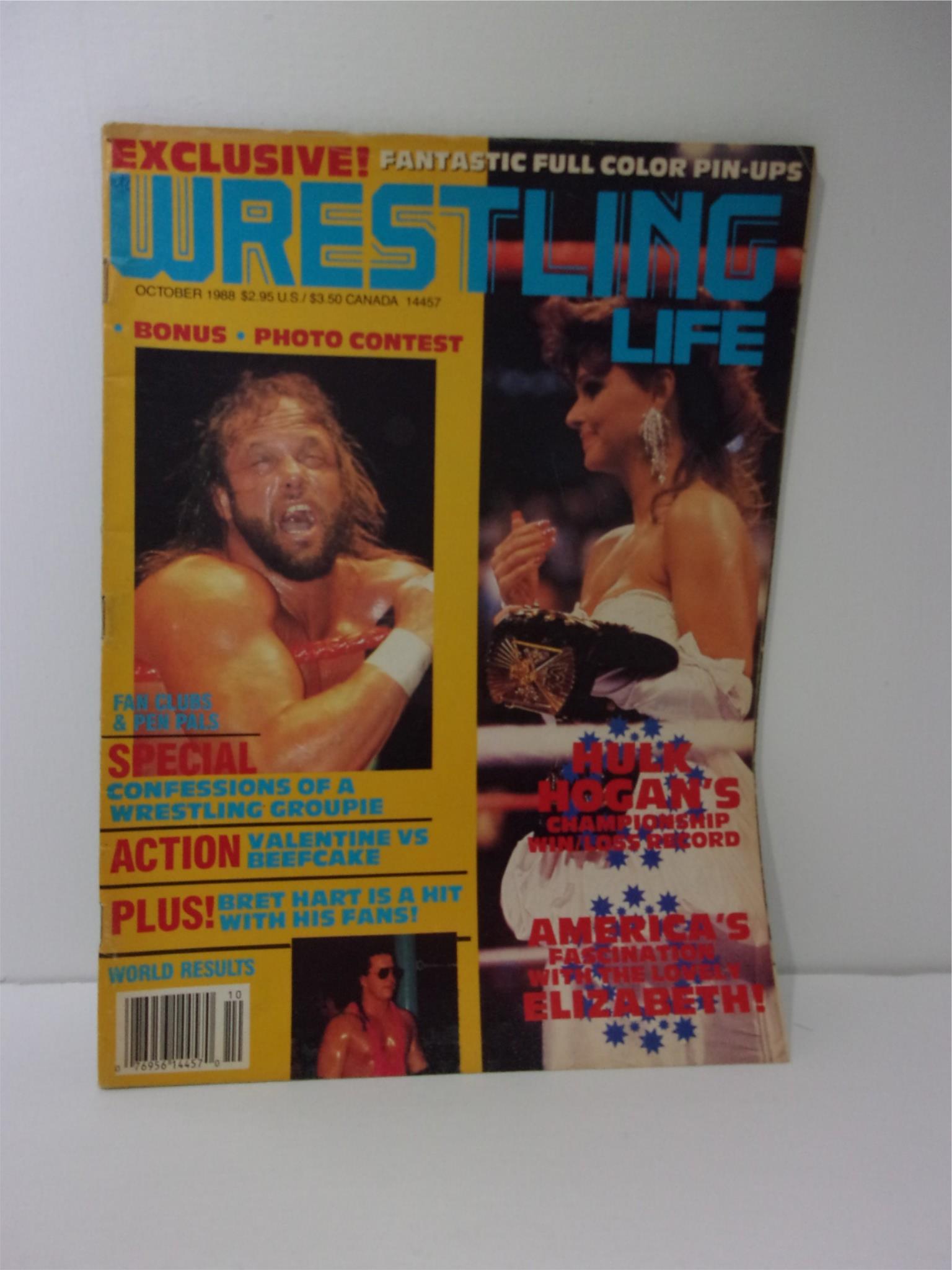 Cover of Wrestling Life Magazine: October 1988 featuring Randy Savage and Elizabeth, highlighting wrestling culture of the late 80s with vibrant colors and photos.