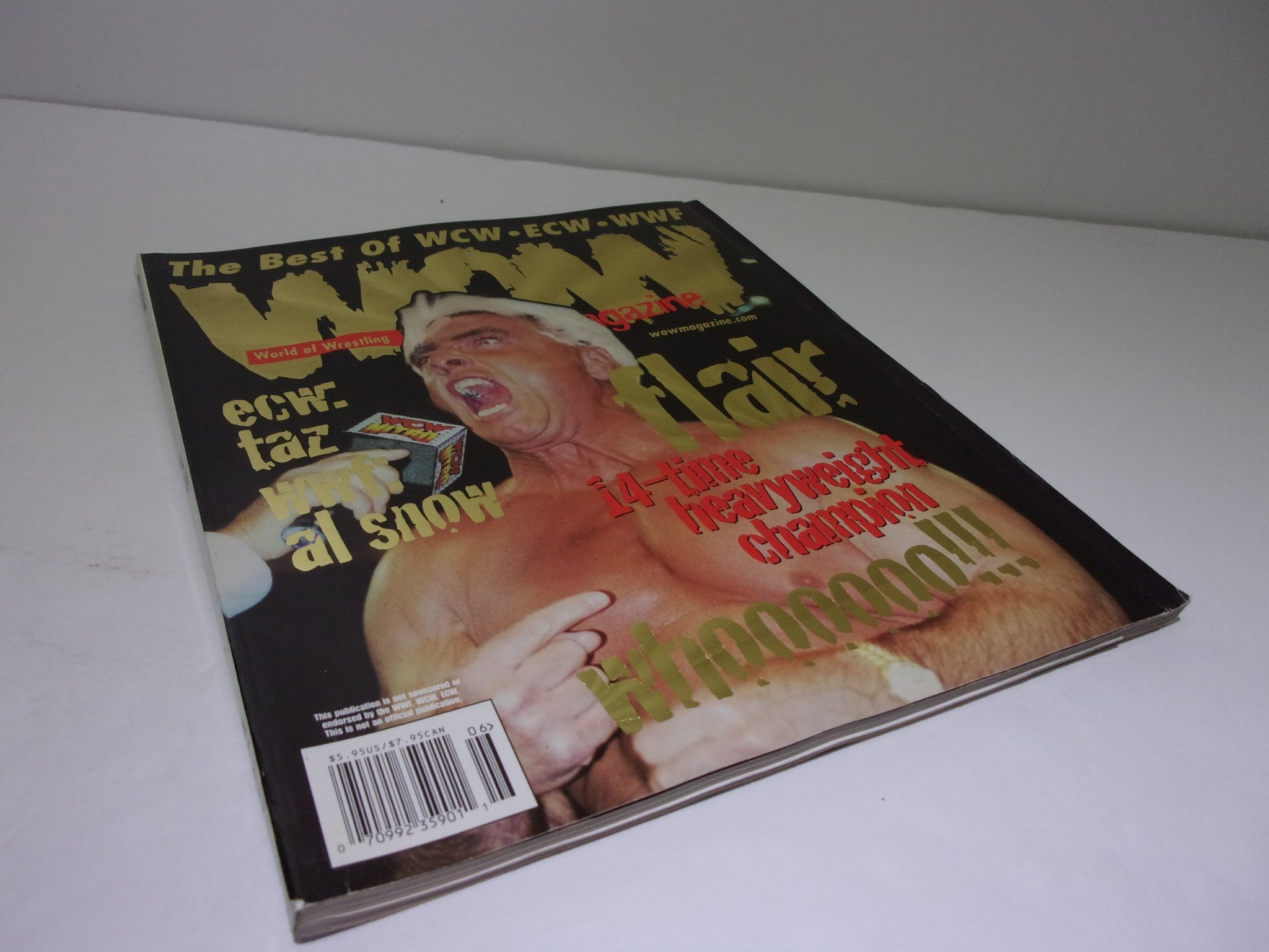 Cover image of Wow Magazine: The Best of WCW - ECW - WWF June 1999 Vol. 1 Issue 2 featuring Ric Flair, highlighting his achievements as a 14-time heavyweight champion.