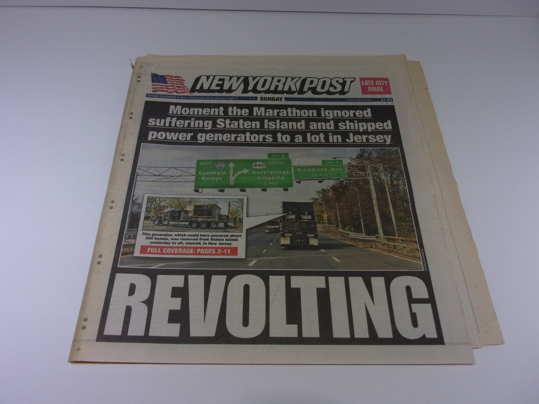 NY Post:12/4/12, Marathon Ignored Agony SI & Shipped Power Generators in Jersey