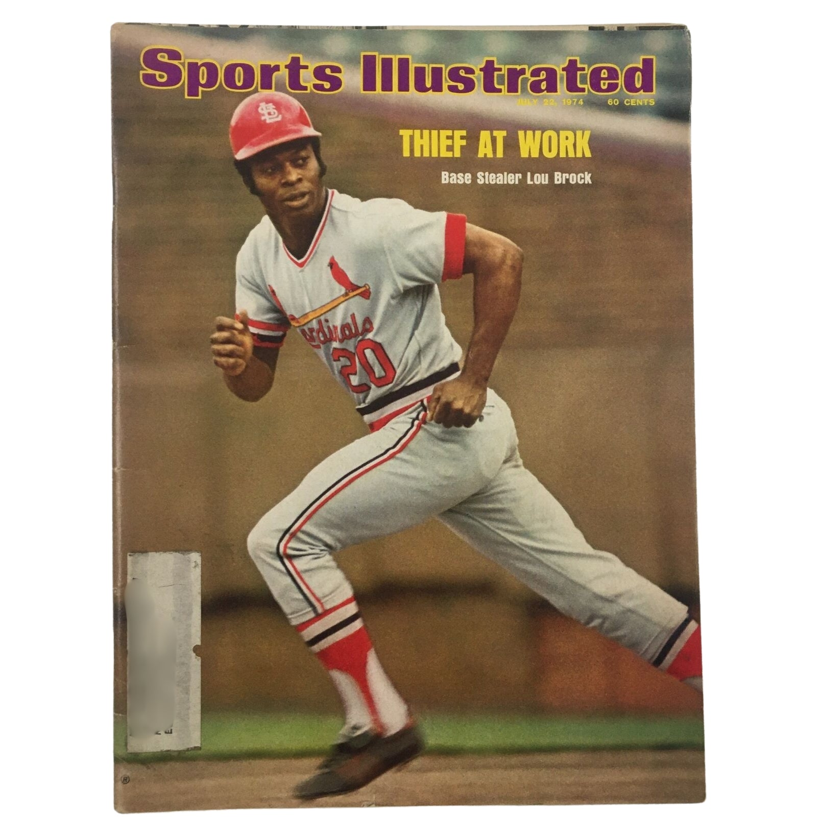 Cover of Sports Illustrated magazine titled 'Thief at Work' featuring base stealer Lou Brock, July 22, 1974.