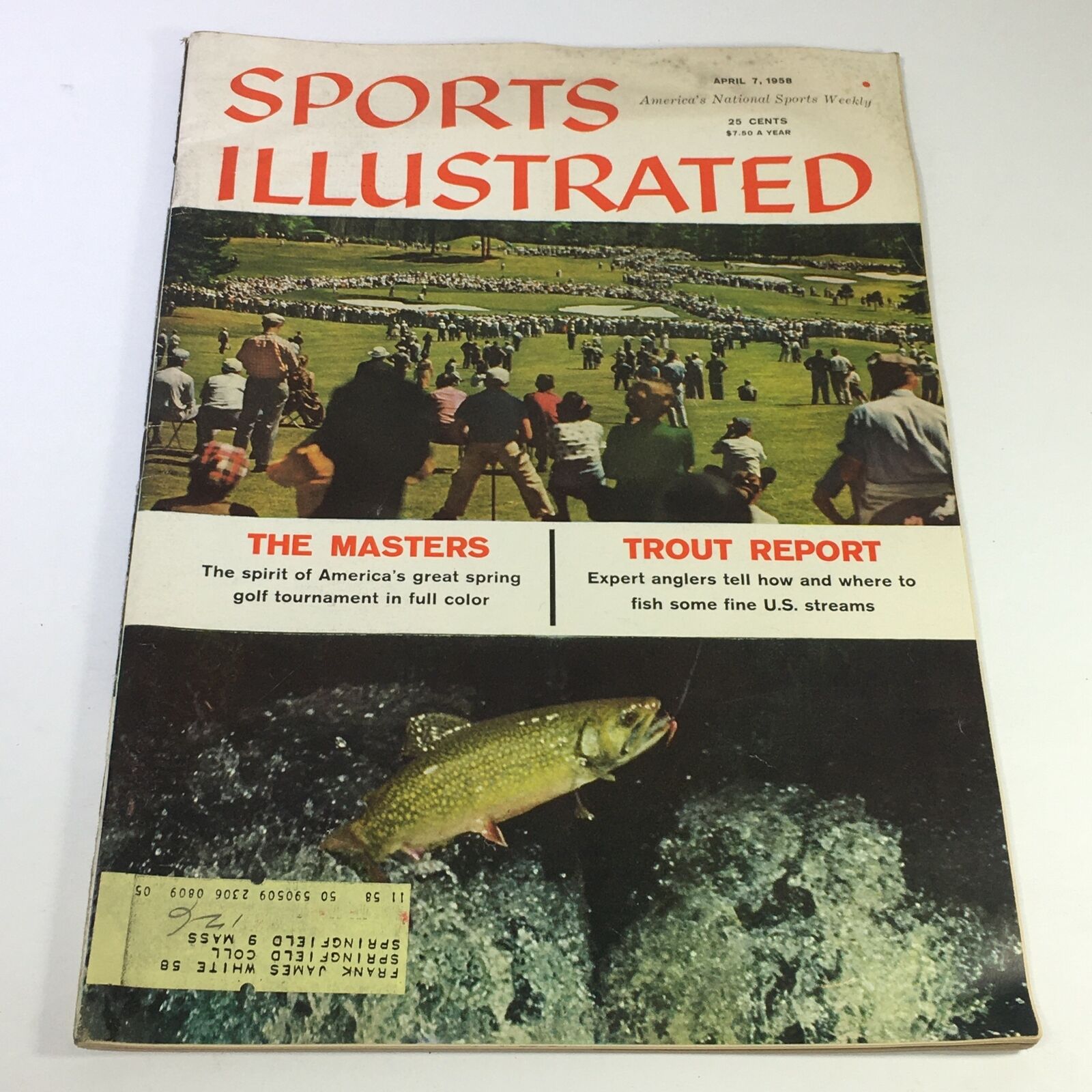 Cover of Sports Illustrated magazine from April 7, 1958, featuring The Masters and Trout Report. Part of the Lot of 10 1950s-1970s Sports Illustrated Magazine Golf Collection.