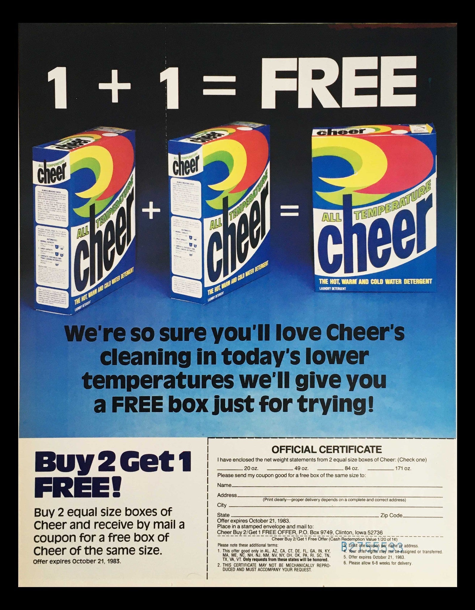 1983 Cheer All Temperature Water Detergent Circular Coupon Advertisement