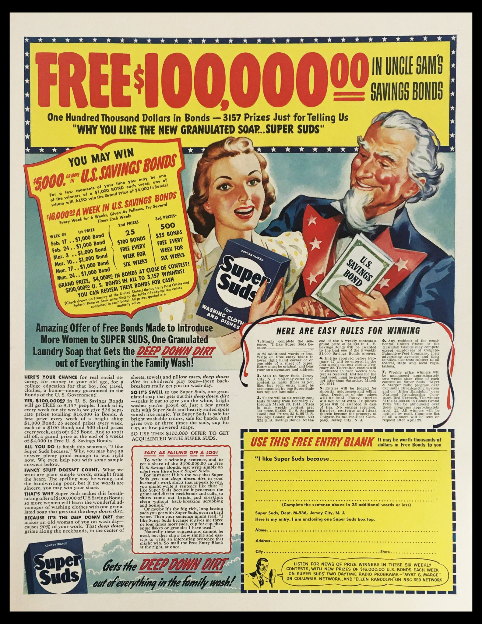 1941 Uncle Sam's Savings Bonds Laundry Soap Vintage Print Ad