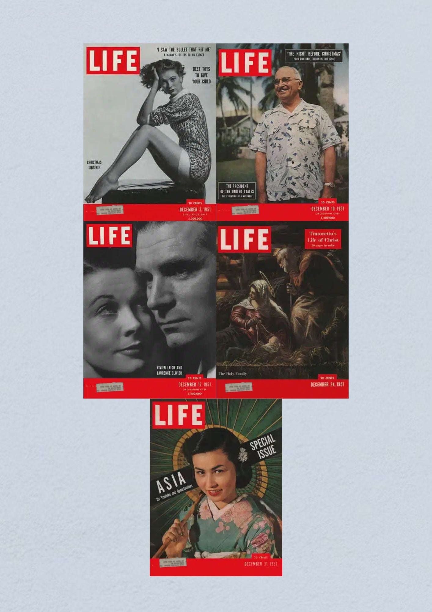 Life Magazine Lot of 5 Full Month December 1951 3, 10, 17,24,31