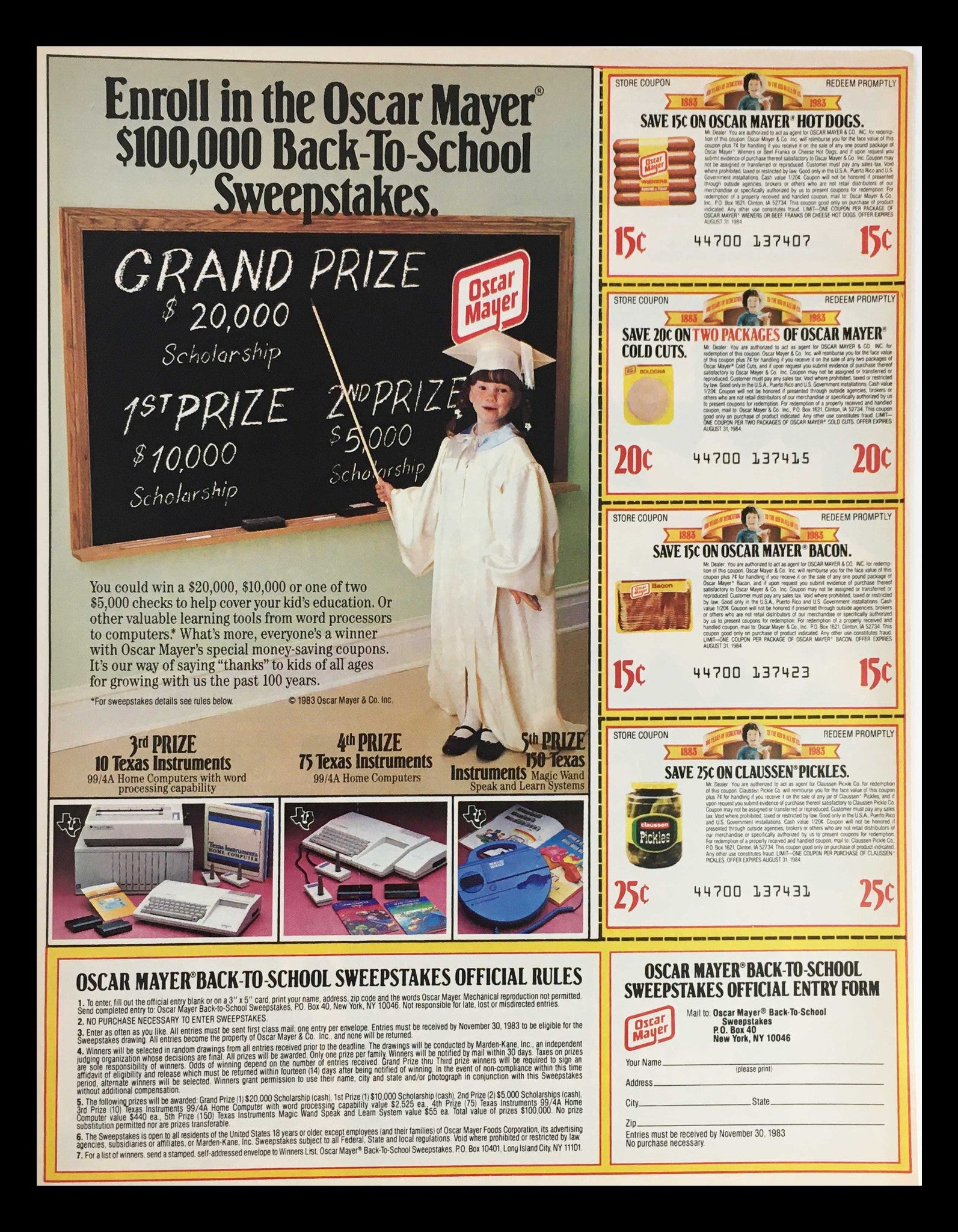 1983 Oscar Mayer Back-to-School Sweepstakes Circular Coupon Advertisement