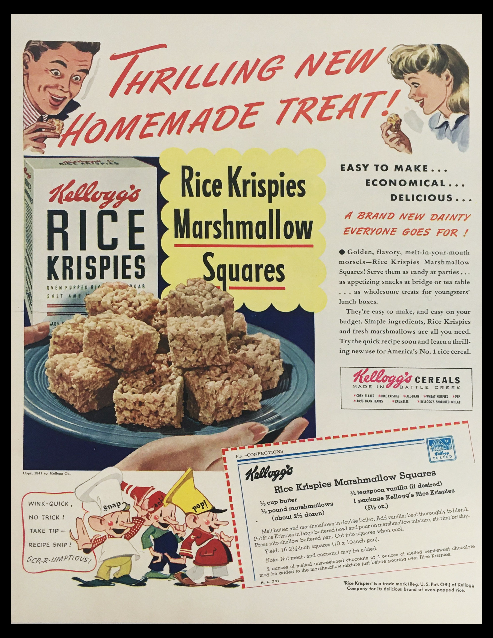 1941 Kellogg's Rice Krispies Marshmallows Squares Vintage Print Ad