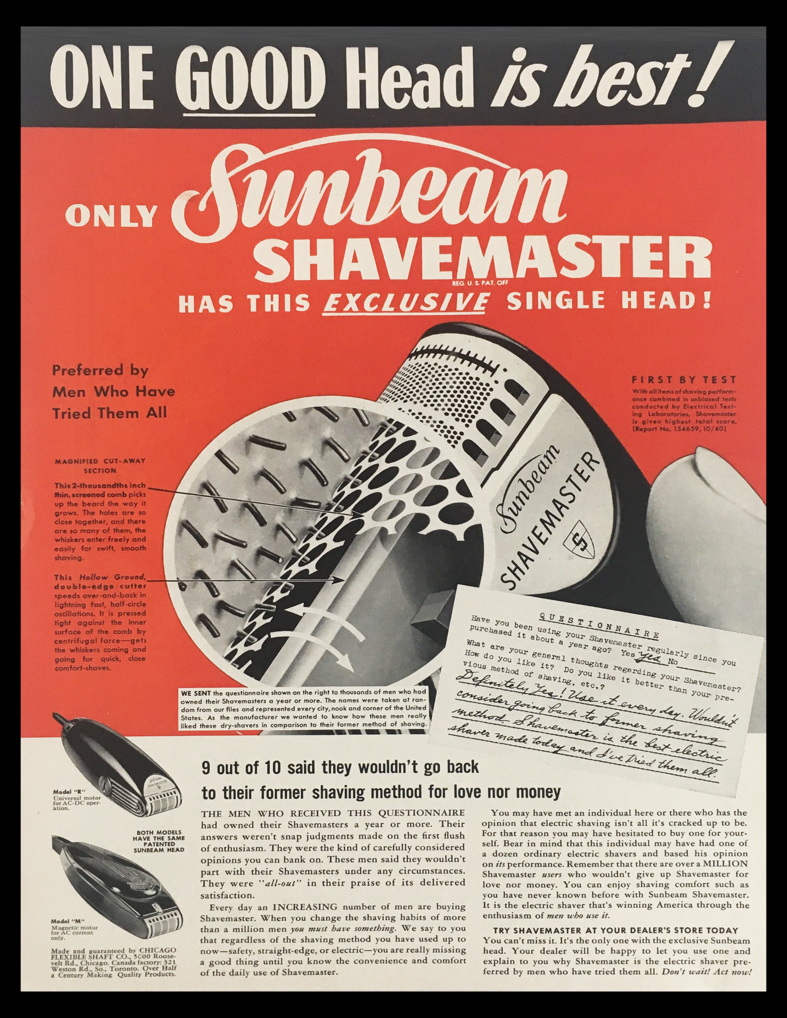 1941 Sunbeam Shavemaster Single-Head Universal Motor Vintage Print Ad