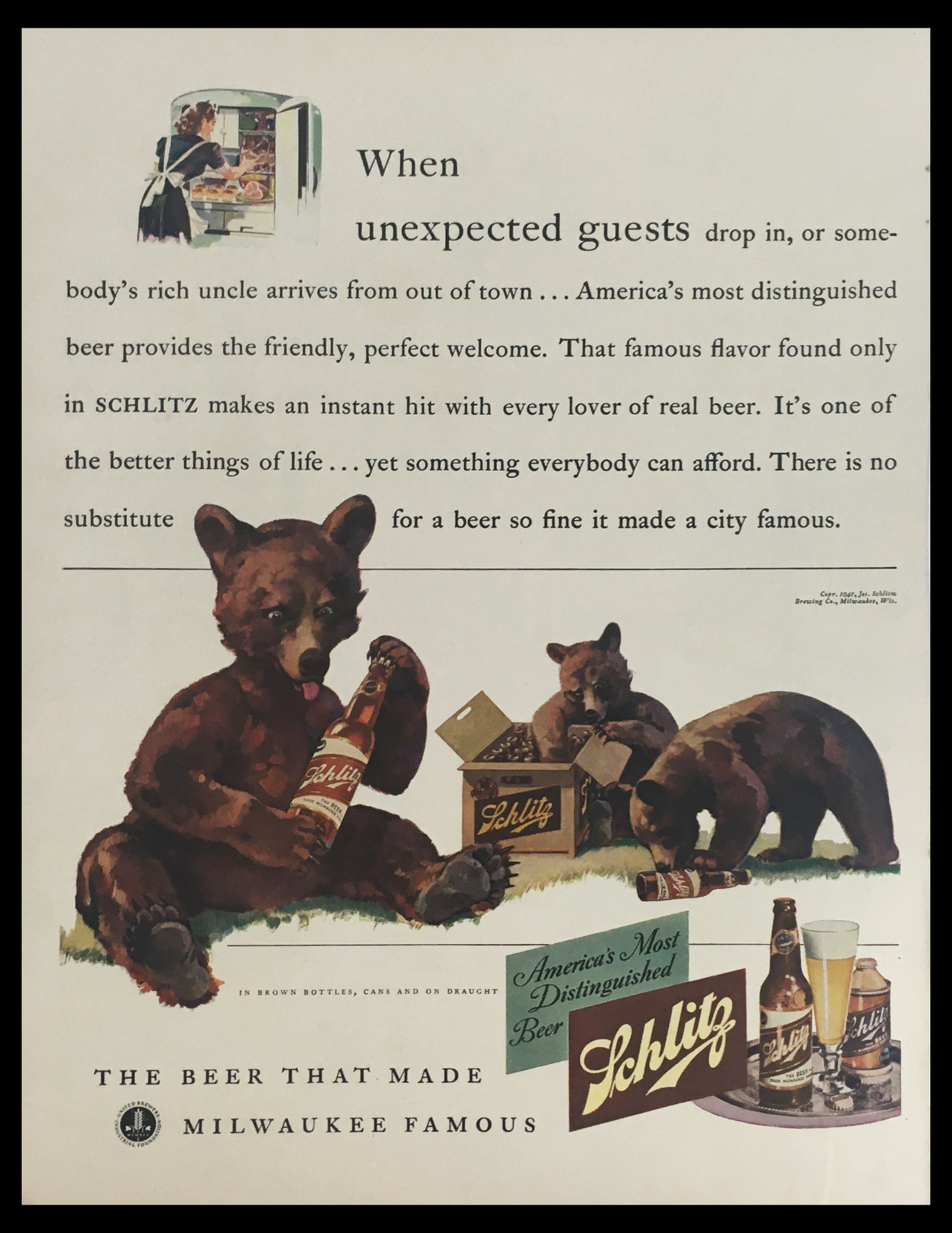 1941 Schlitz America's Most Distinguished Beer Vintage Print Ad