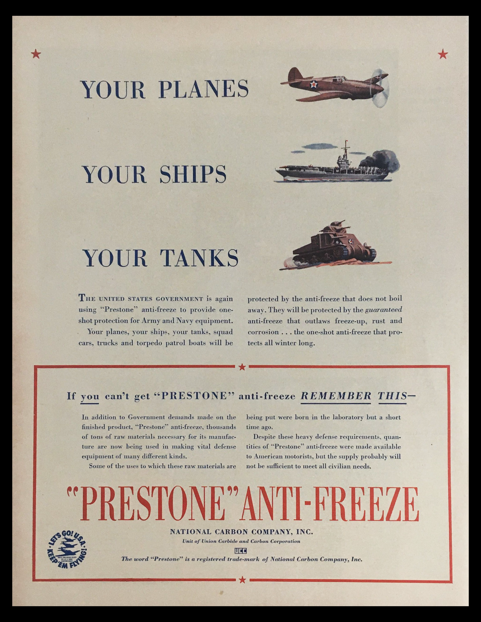 1941 Prestone Anti-Freeze National Carbon Company Vintage Print Ad