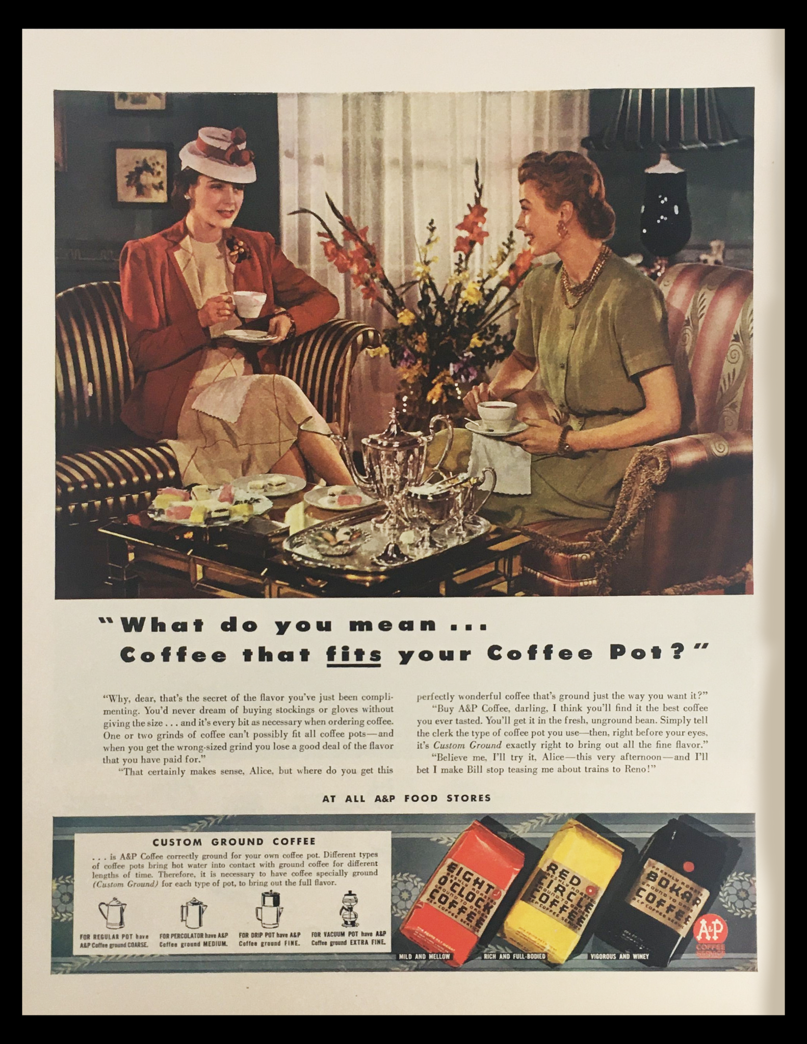 1941 A&P Coffee Eight O'clock Ground Coffee Vintage Print Ad