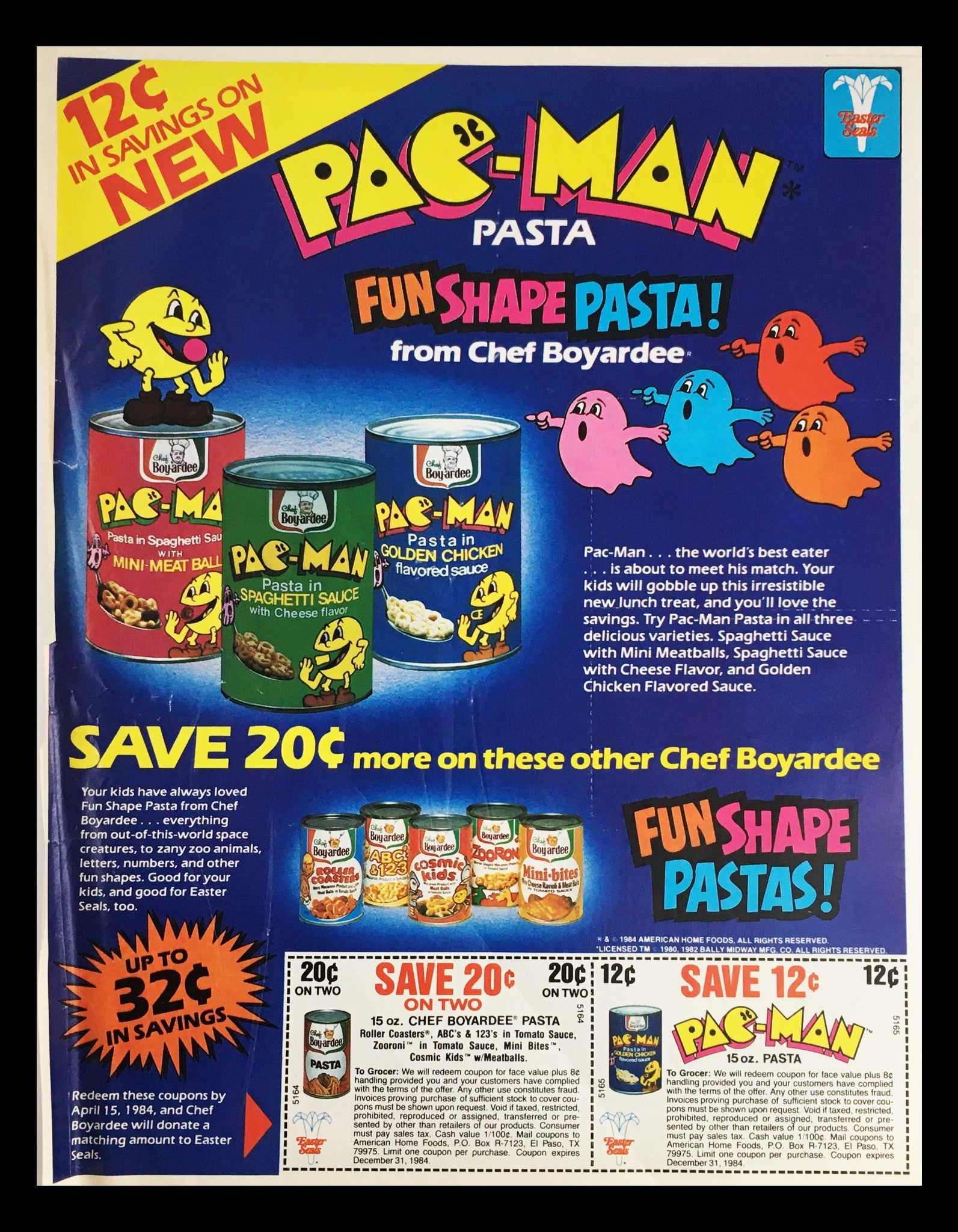 1984 Chef Boy-ardee Pac-Man Fun Shape Pasta Circular Coupon Advertisement