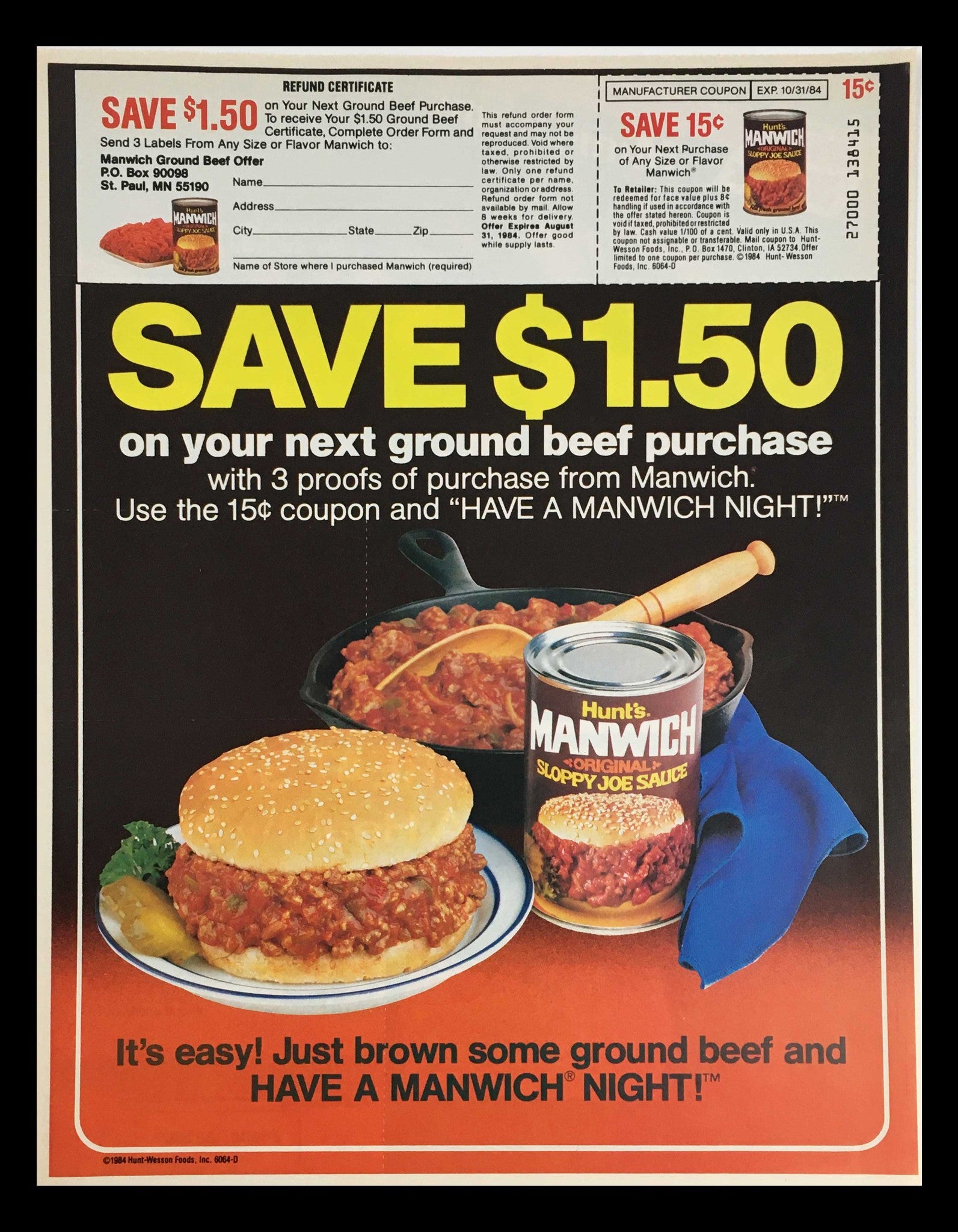 1984 Hunt's Manwich Original Sloppy Joe Sauce Circular Coupon Advertisement