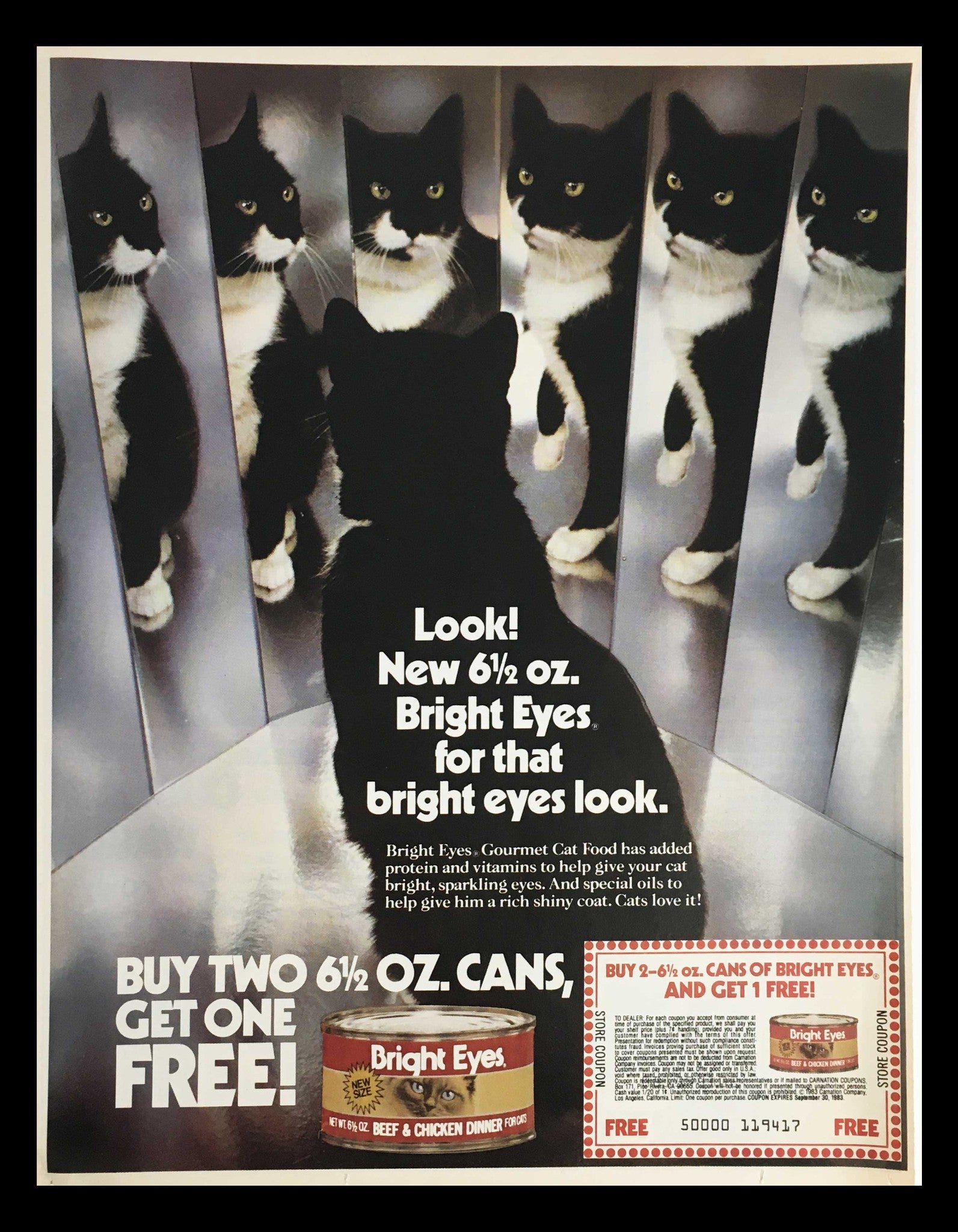 1983 Bright Eyes Gourmet Cat Food Circular Coupon Advertisement