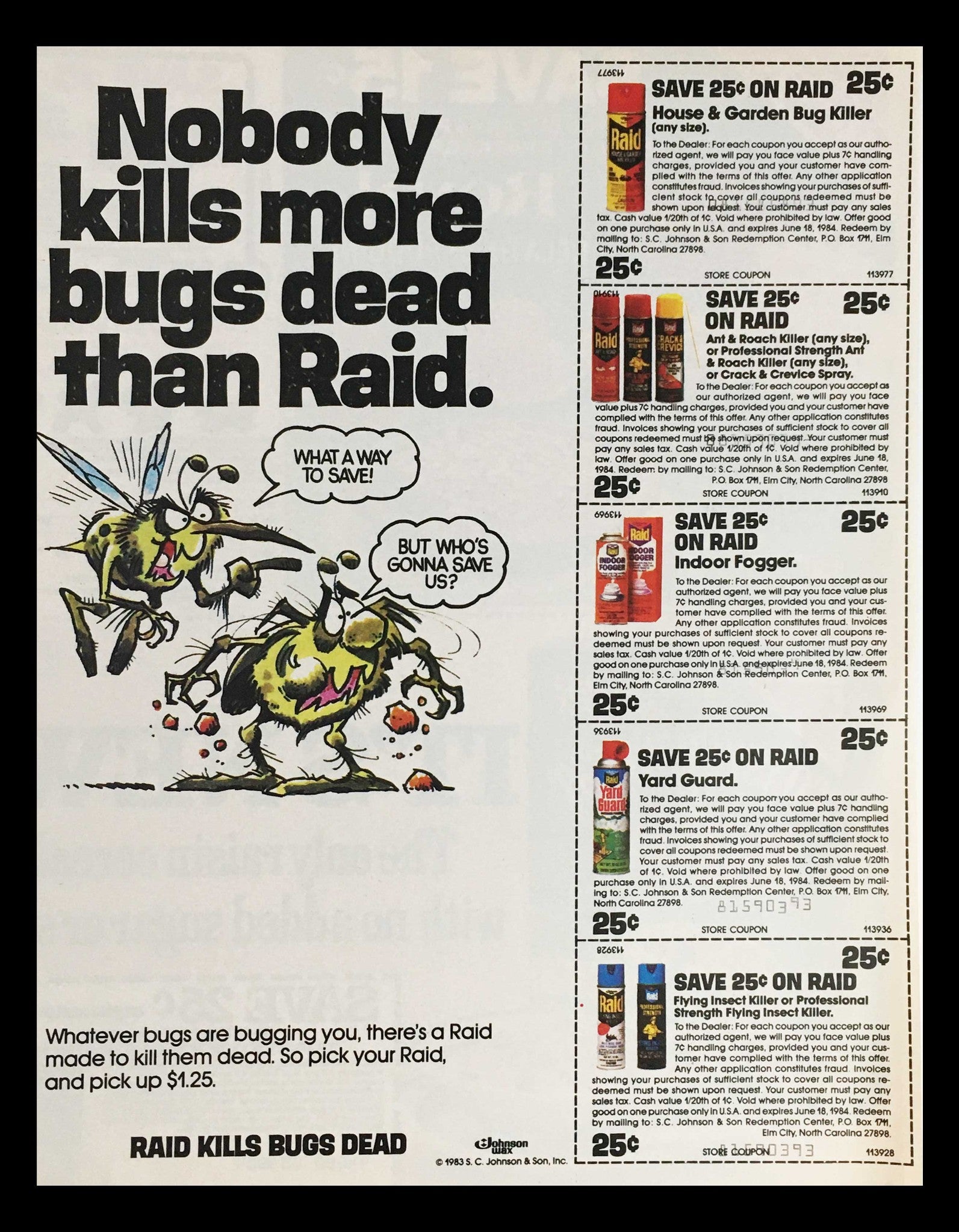 1983 Johnson Wax Raid Flying Insect Killer Circular Coupon Advertisement