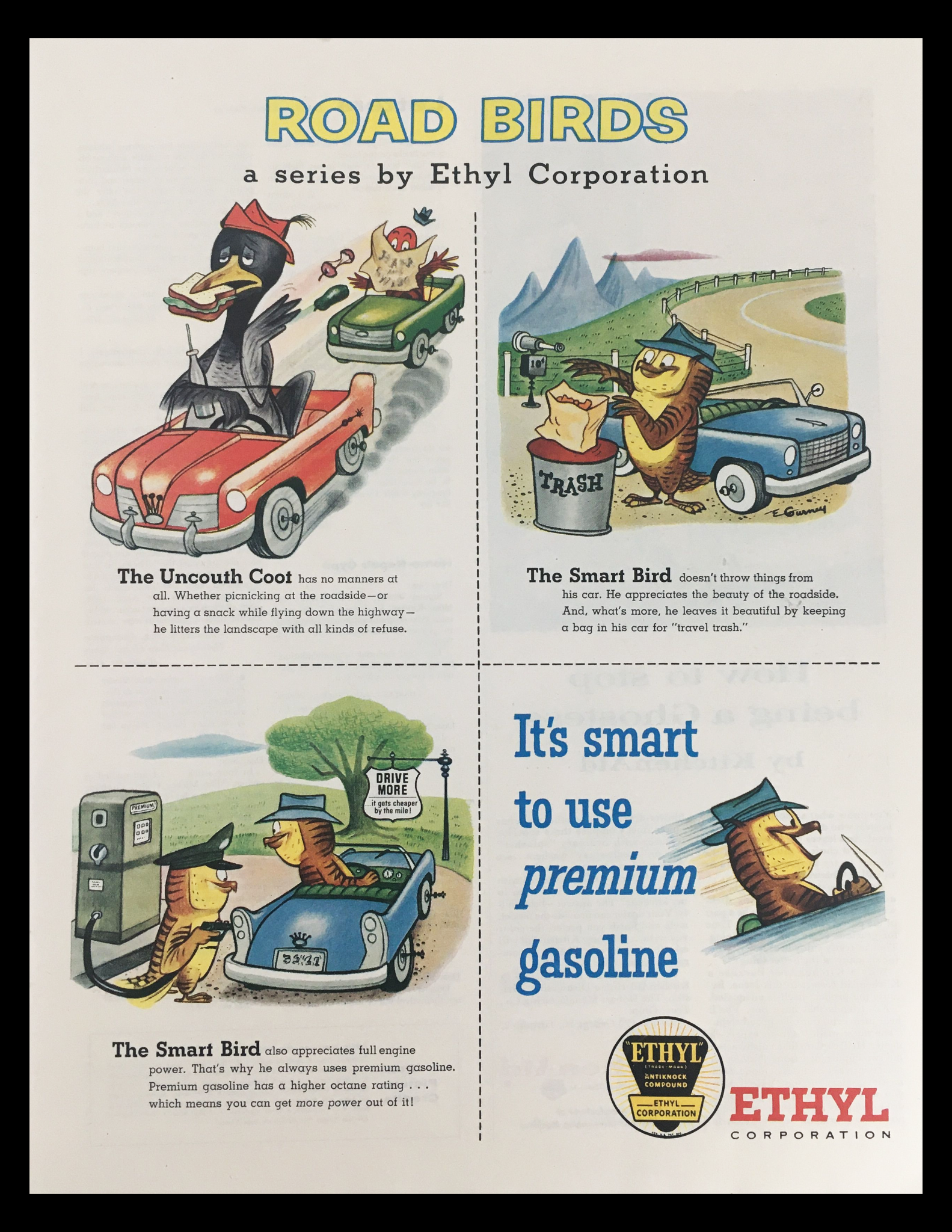 1956 Ethyl Corporation Road Birds Gasoline Series Vintage Print Ad