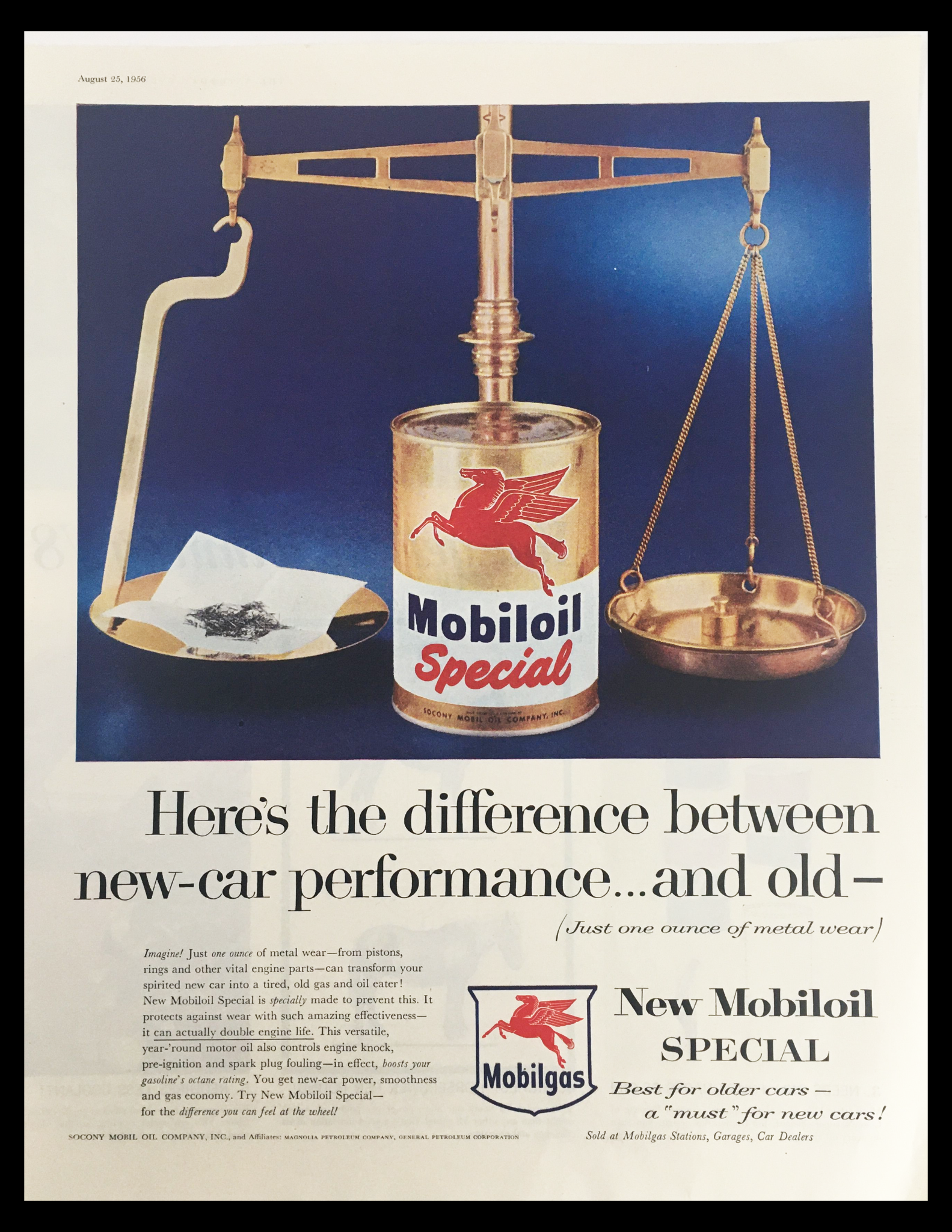 1956 Mobilgas New Mobiloil Special Vintage Print Ad