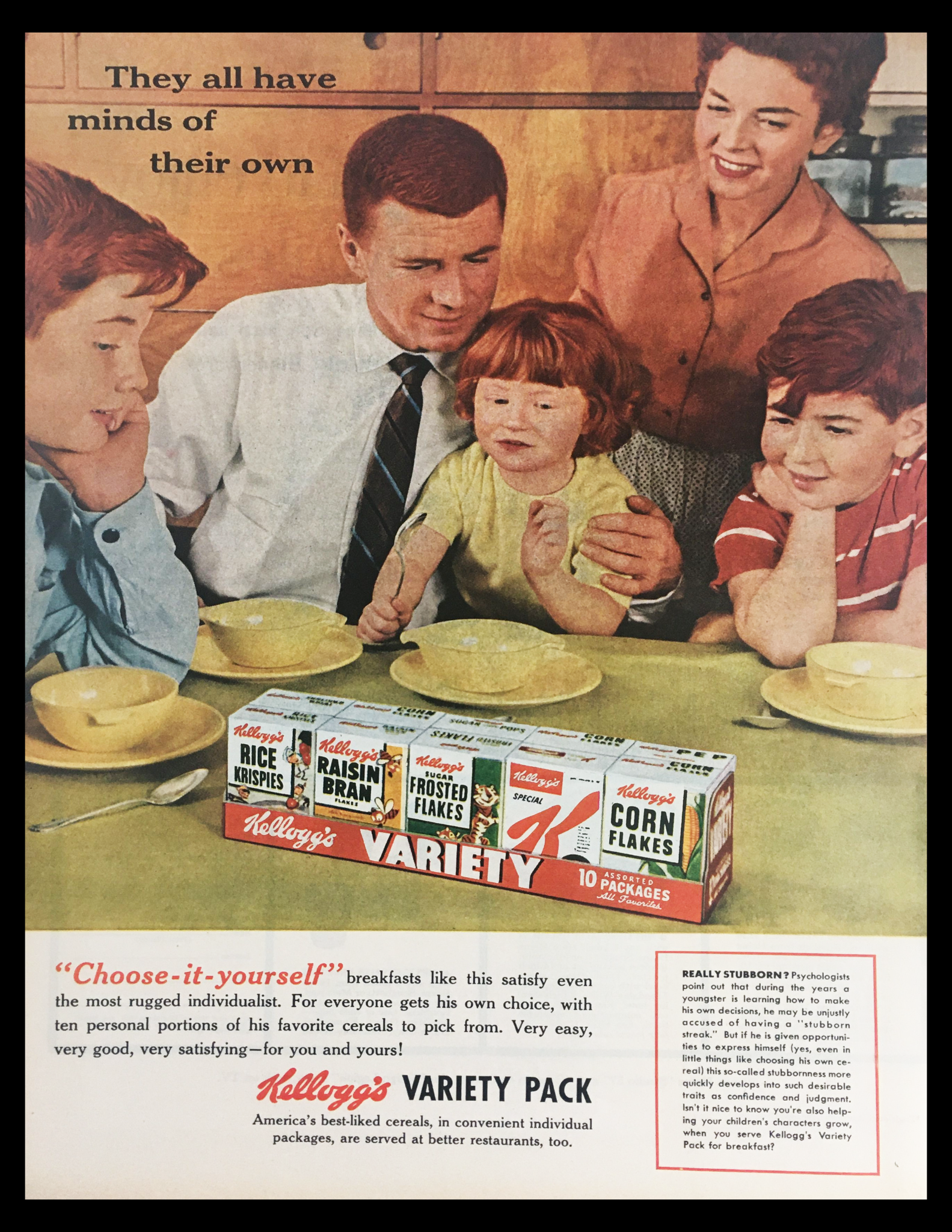 1956 Kellogg's Variety Pack of Cereals Vintage Print Ad