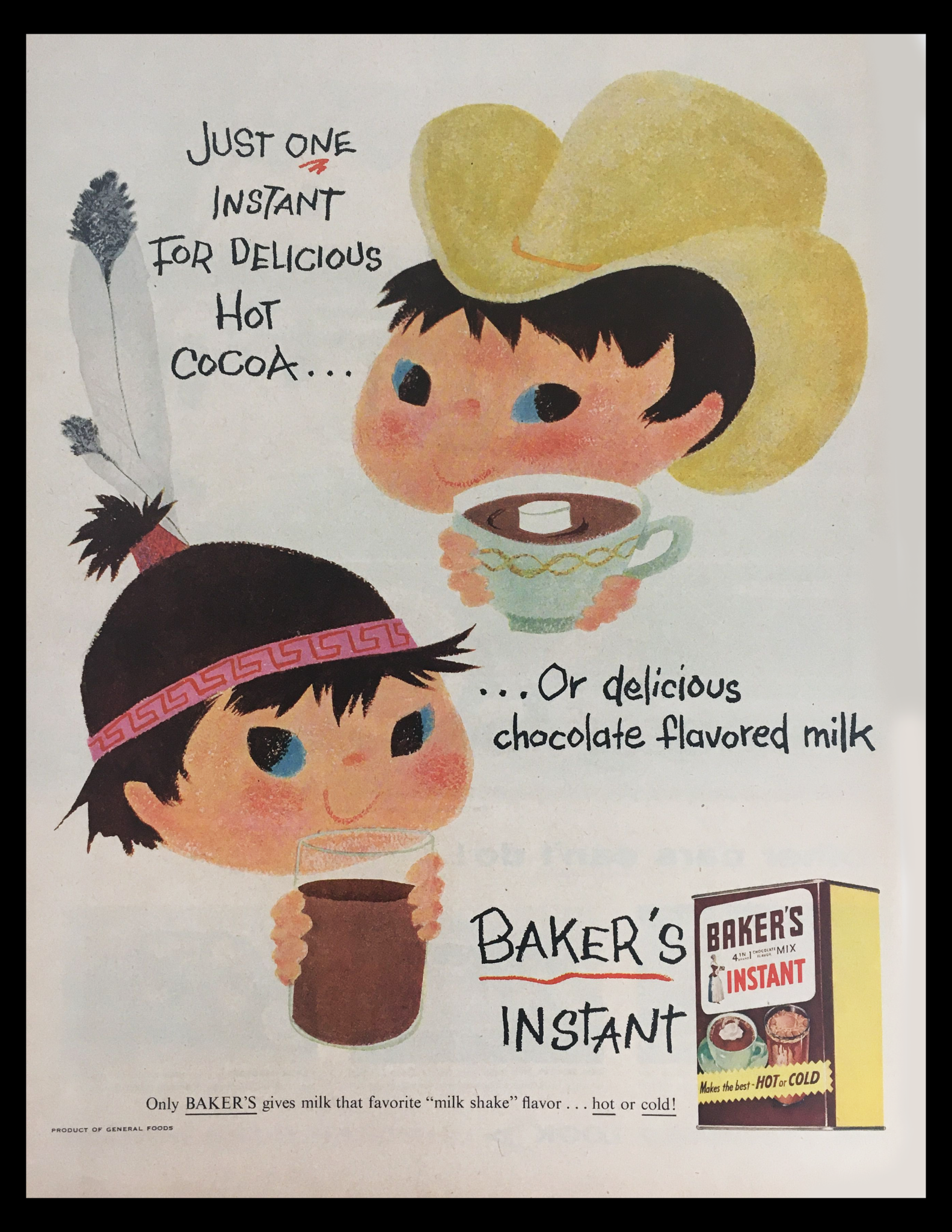 1956 Baker's Chocolate Flavor Instant Mix Vintage Print Ad