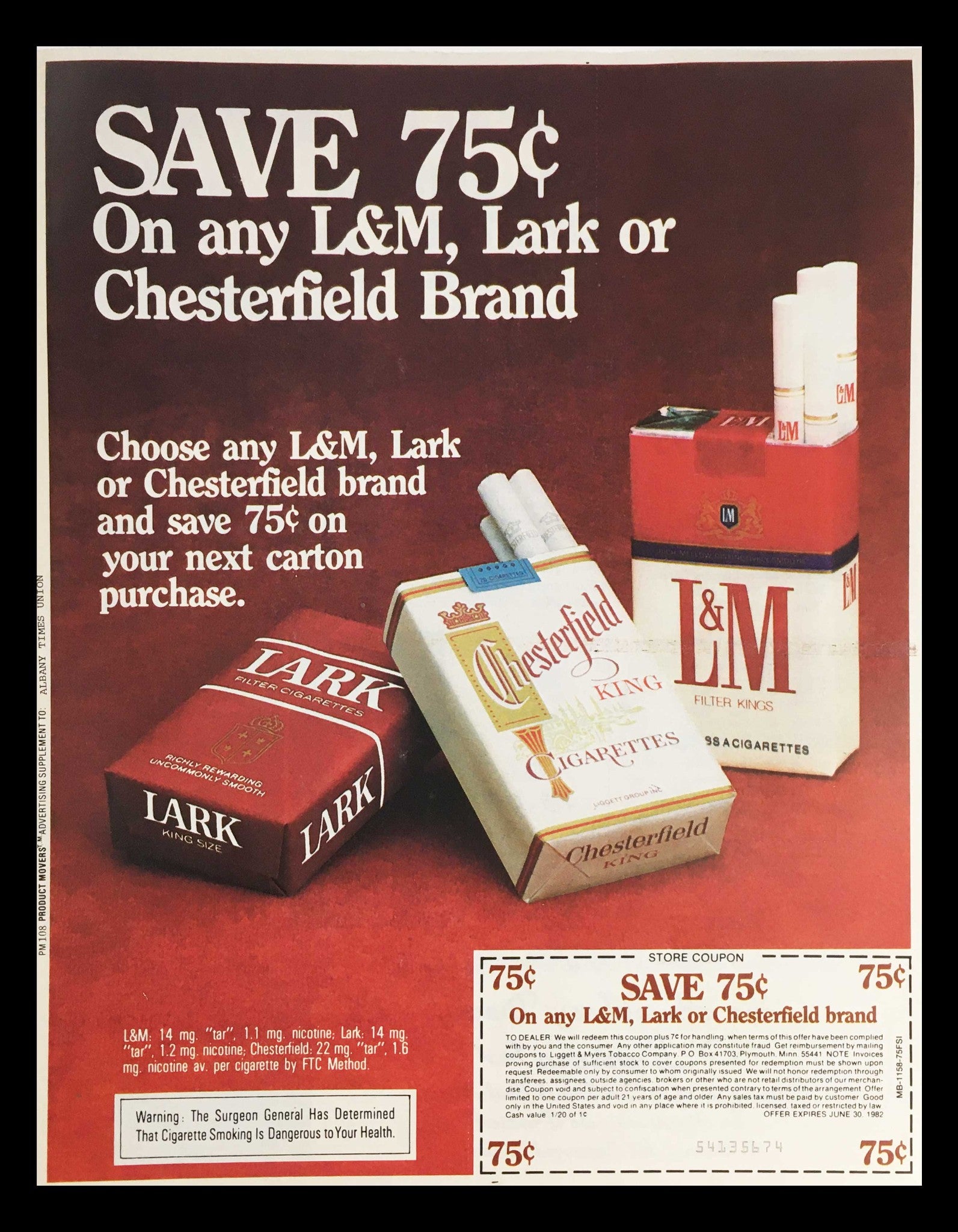 1982 L&M, Lark & Chesterfield Brand Cigarette Circular Coupon Advertisement