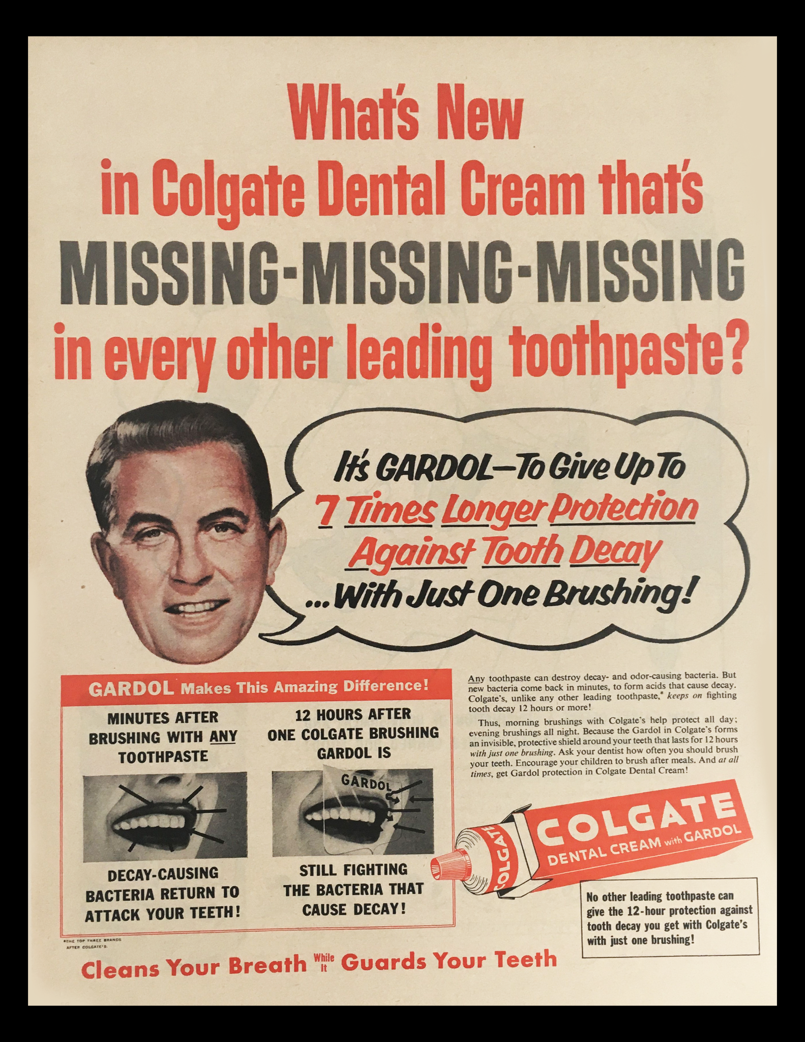 1956 Colgate Dental Cream with Gardol Vintage Print Ad