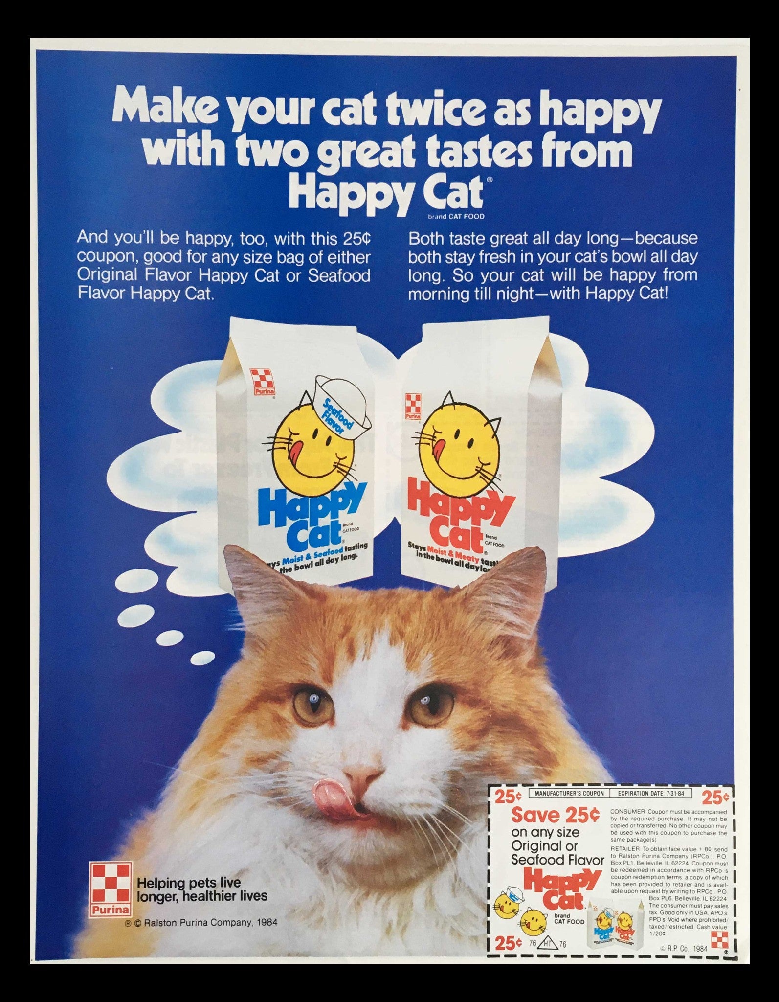 1984 Purina Happy Cat Seafood & Meaty Cat Food Circular Coupon Advertisement