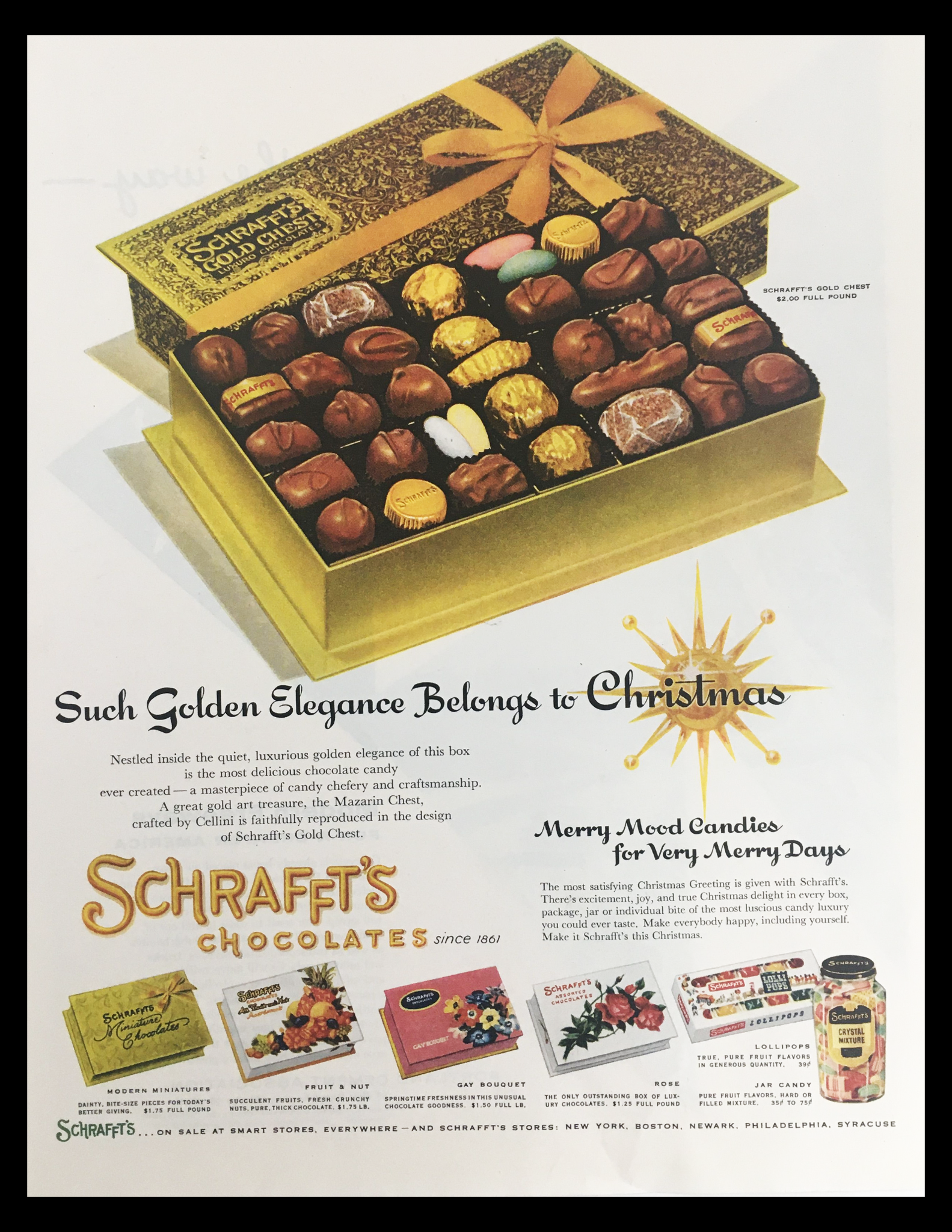 1956 Shcrafft's Gold Chest Chocolates Vintage Print Ad