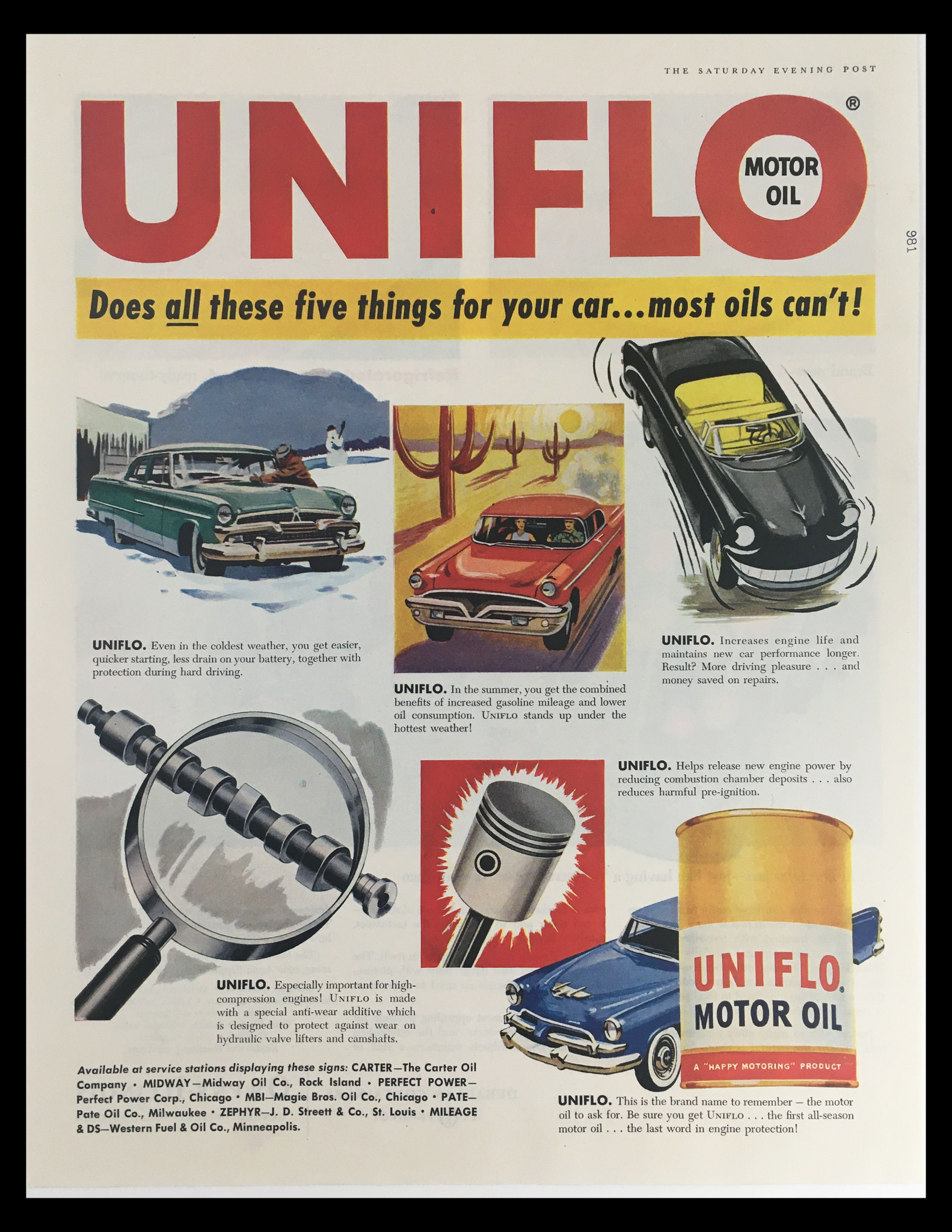 1956 Uniflo Motor Oil Vintage Print Ad