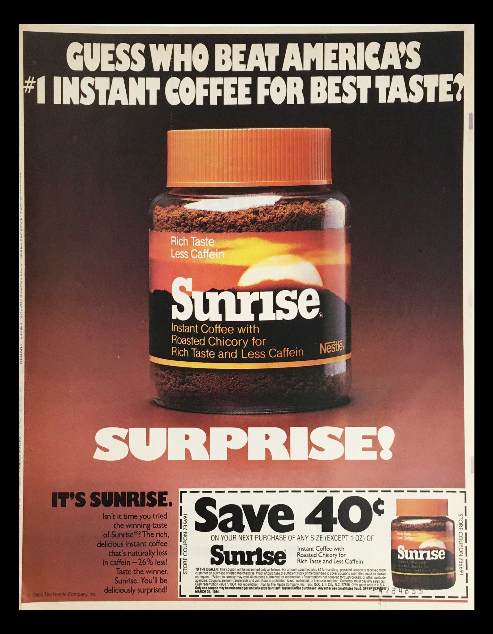 1984 Sunrise Instant Coffee Circular Coupon Advertisement