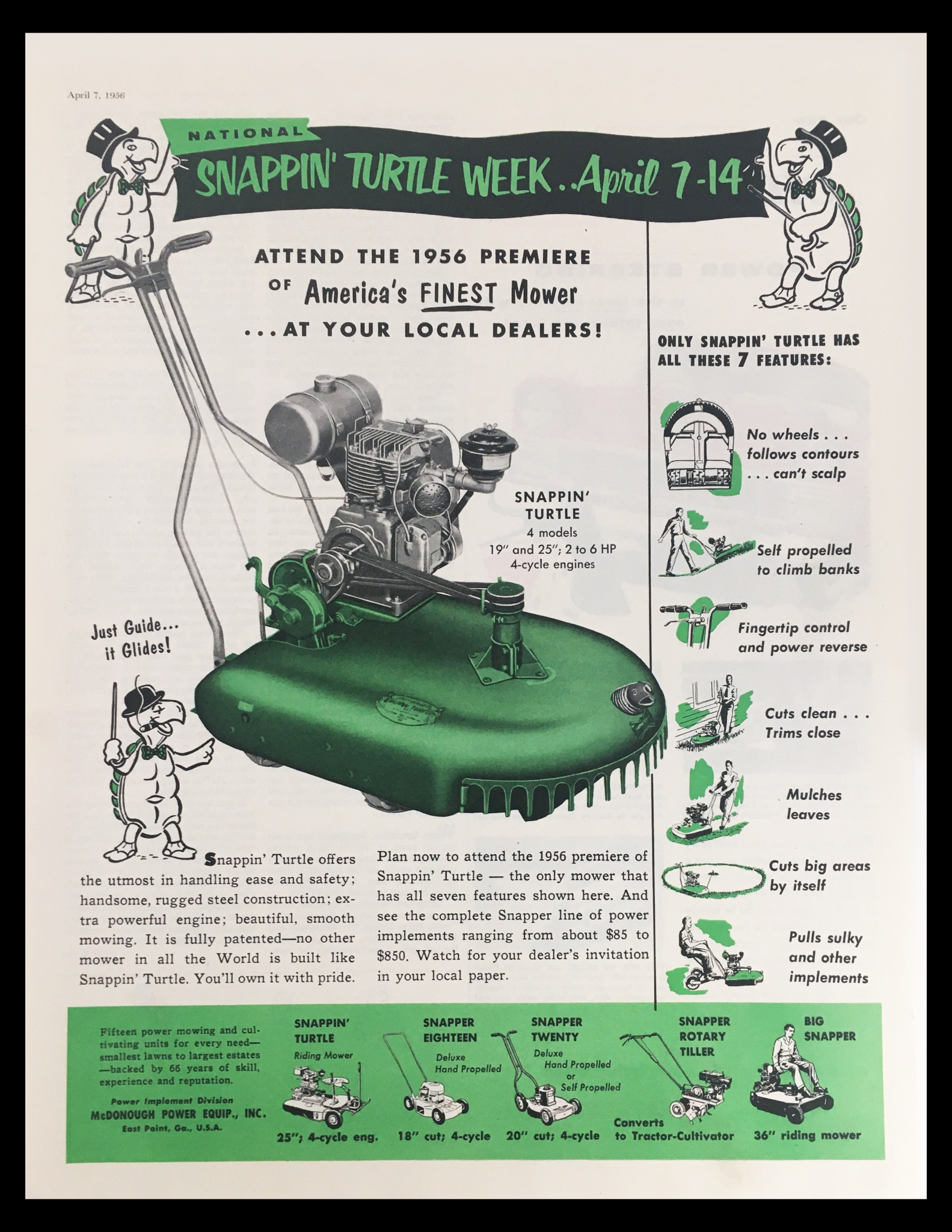 1956 America's Finest Mower Snappin' Turtle Vintage Print Ad