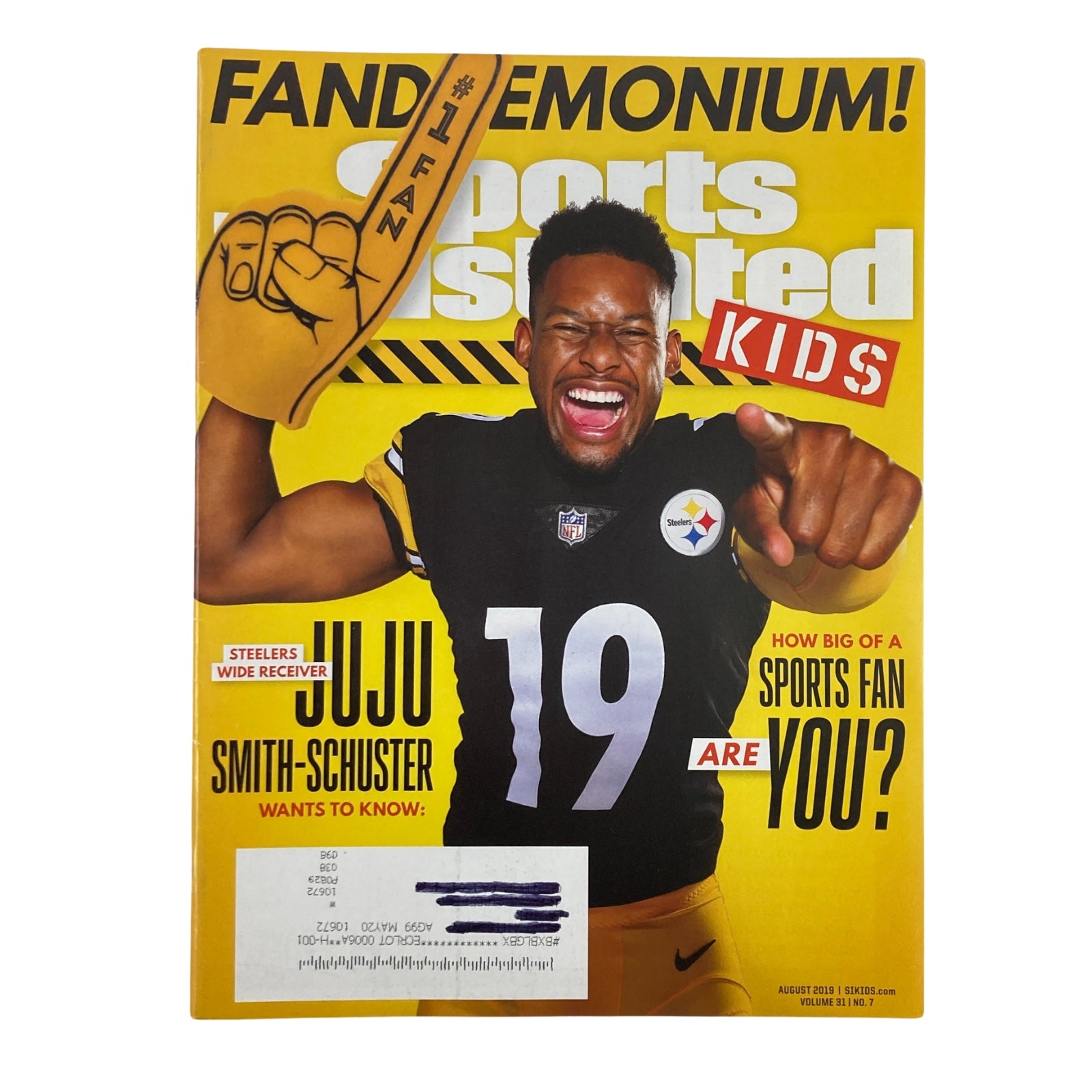 Cover of August 2019 Sports Illustrated Kids magazine featuring Juju Smith-Schuster, highlighting his achievements and inviting readers to explore their sports fandom.