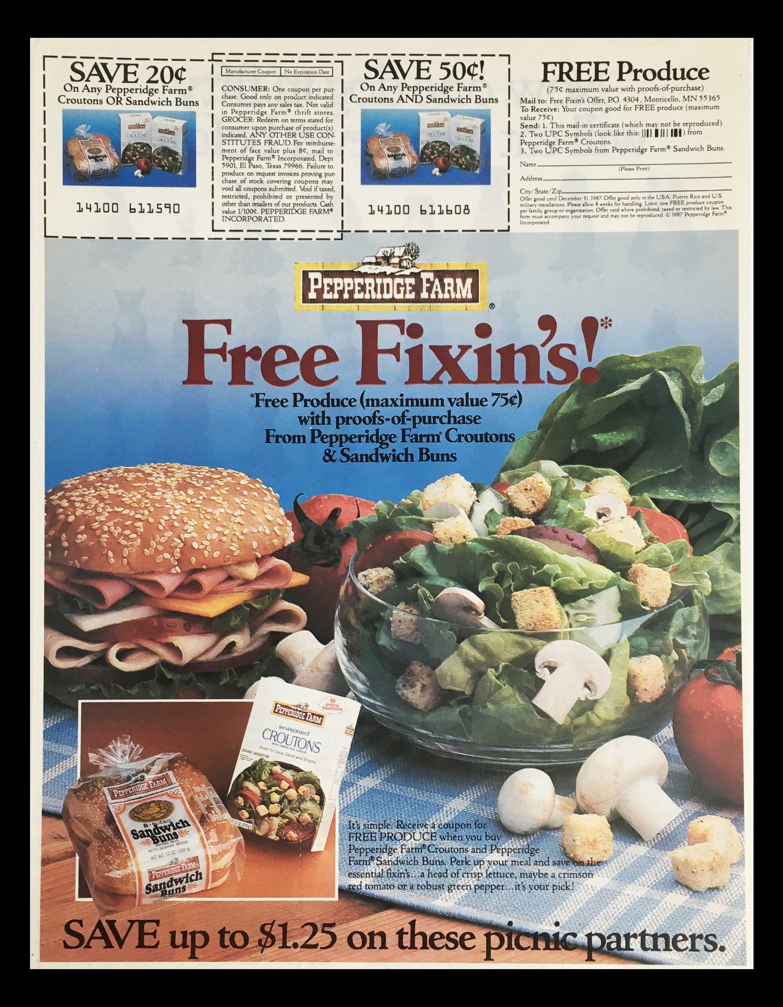 1987 Pepperidge Farm Croutons & Sandwich Buns Circular Coupon Advertisement