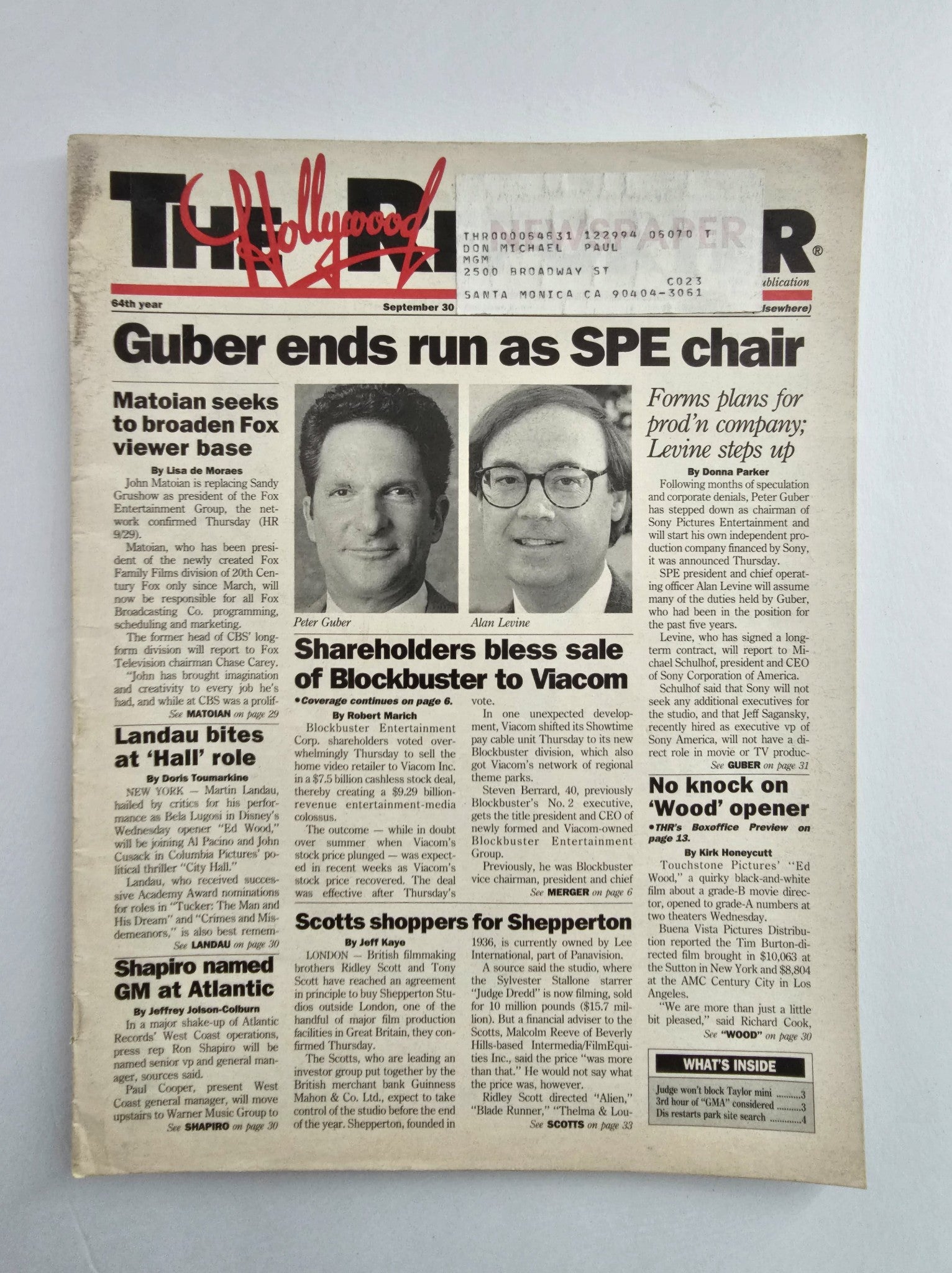 The Hollywood Reporter Magazine September 30 1994 Peter Guber and Alan Levine