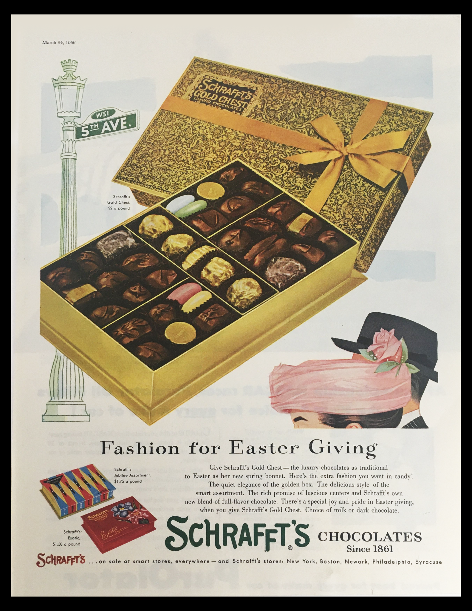 1956 Shafft's Gold Chest Luxuro Chocolates Vintage Print Ad