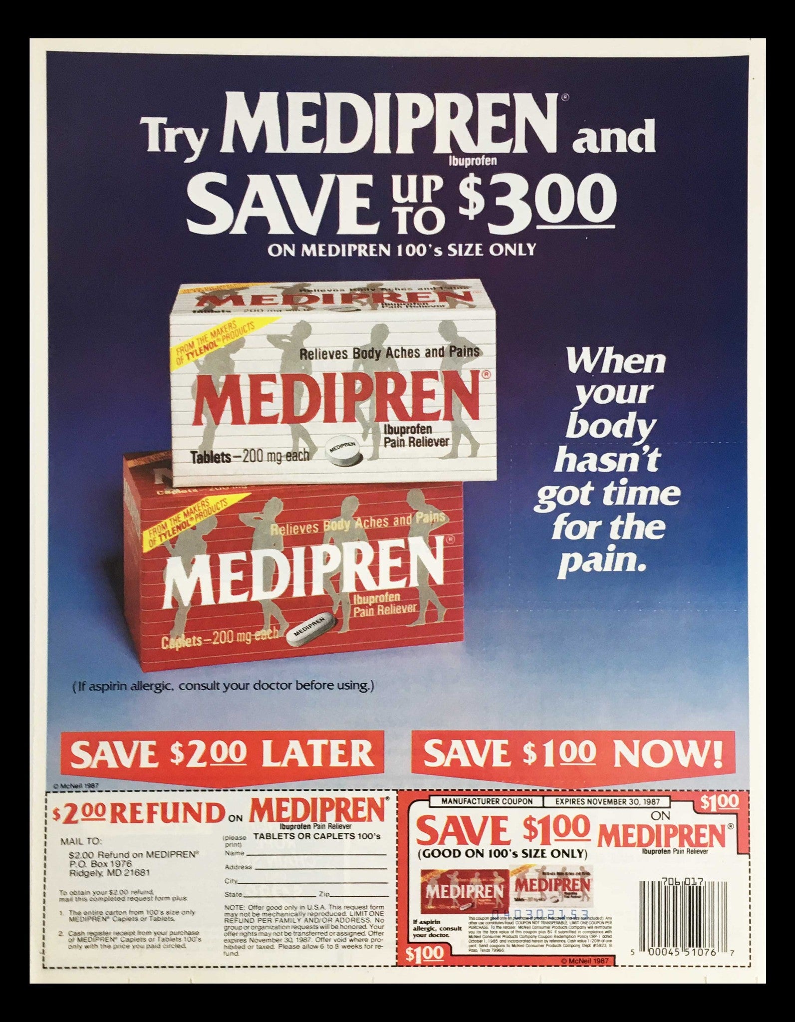 1987 Medipren Ibuprofen Pain Reliever Circular Coupon Advertisement