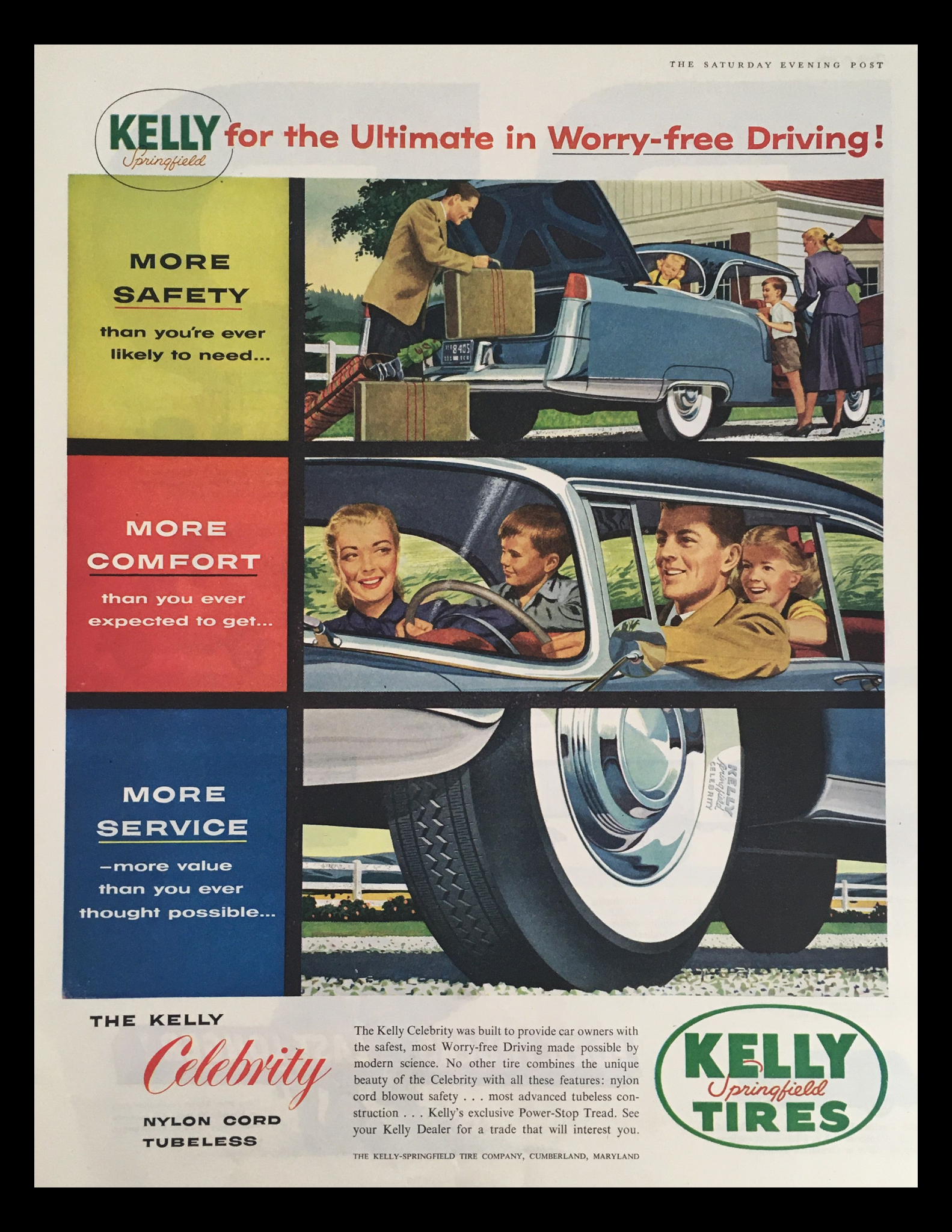 1956 Kelly Springfield Tires Nylon Cord Tubeless Vintage Print Ad