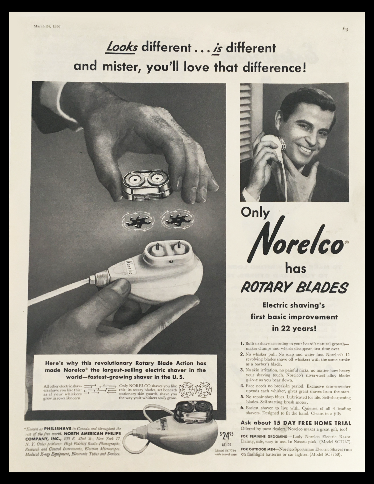 1956 Norelco Rotary Blade Electric Shaver Vintage Print Ad